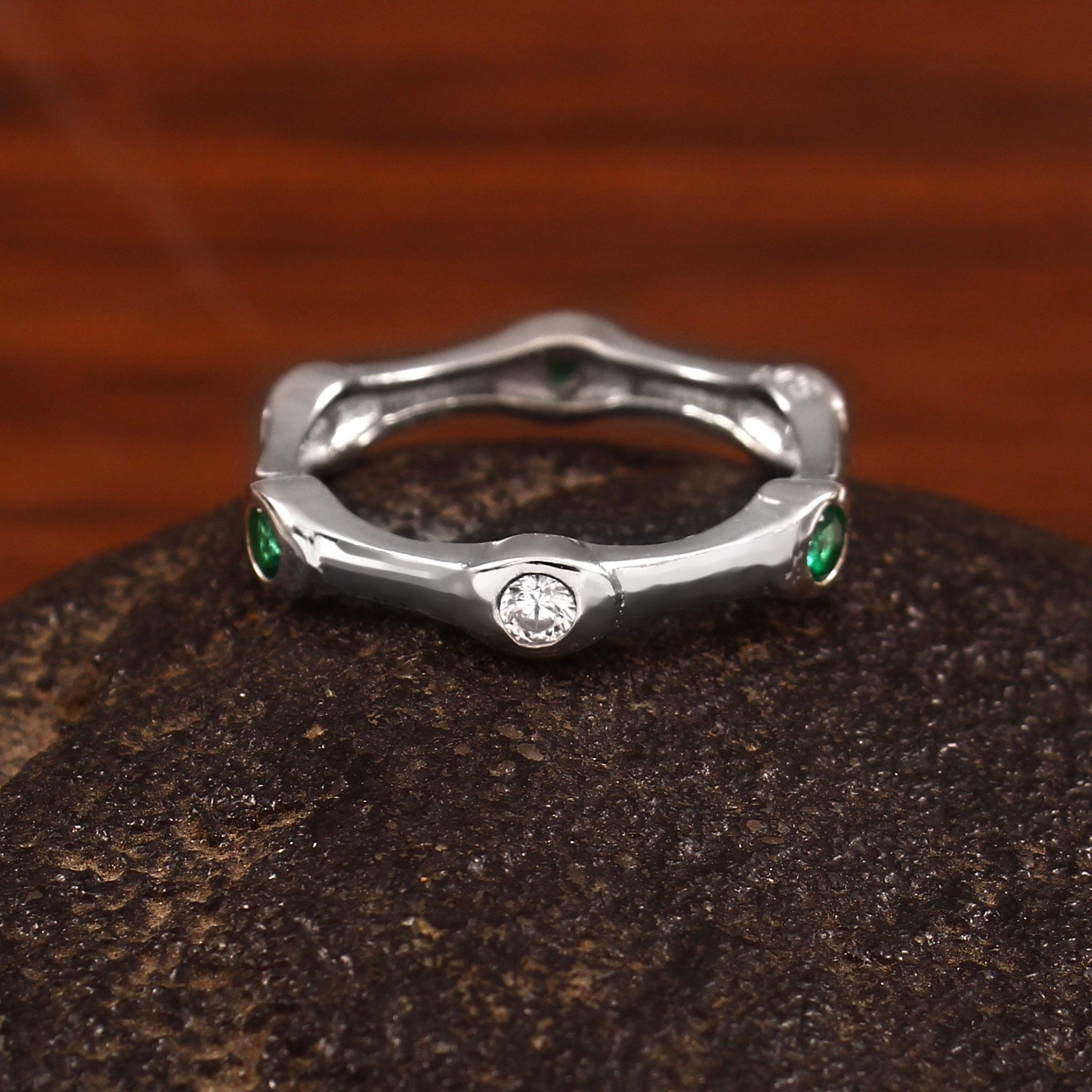 Moissanite Wedding Band With Emerald Bezel Set Art Deco Eternity Band Bubble Stacking Dainty Branch Shape Silver Promise Ring For Her