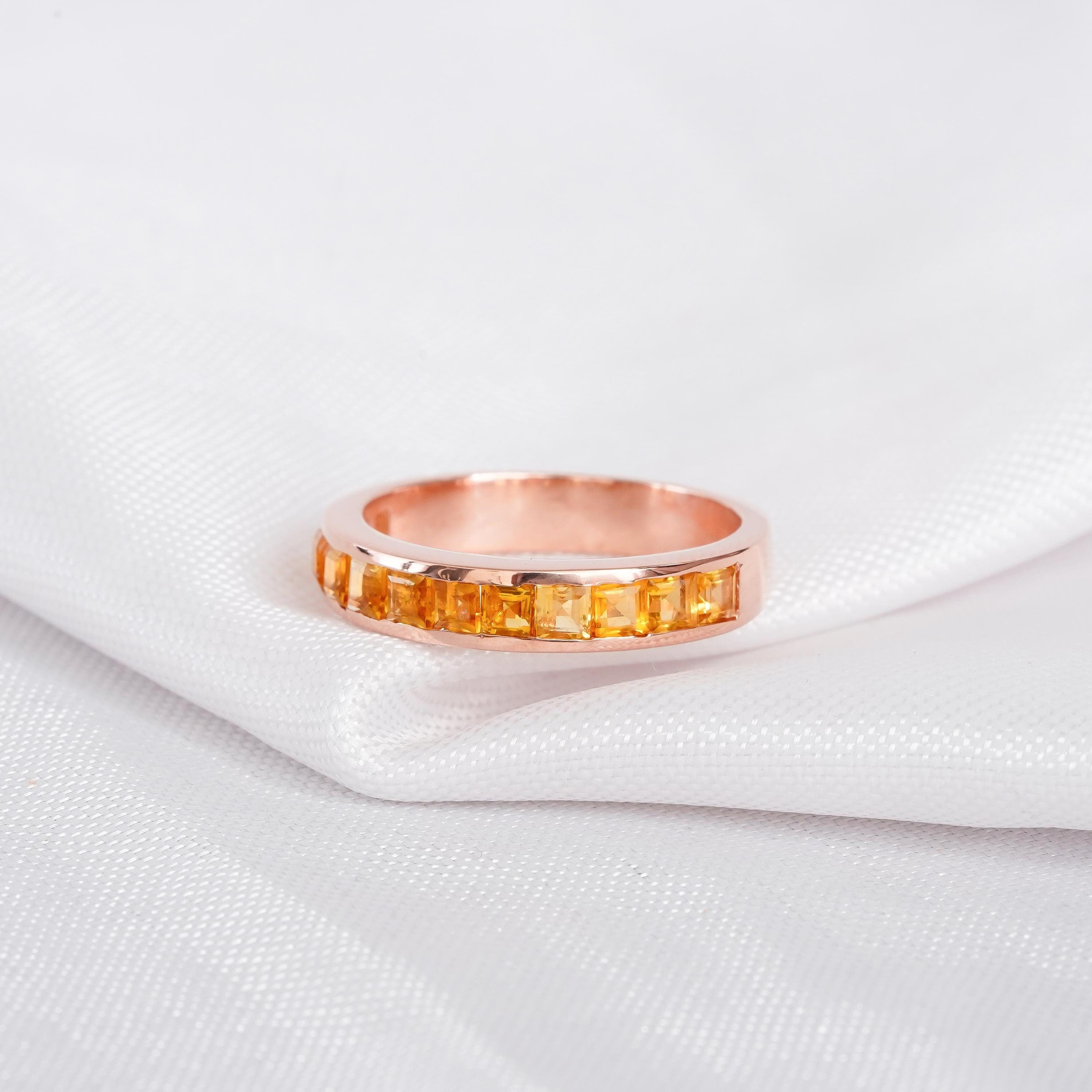 Citrine Half Eternity Band For Women 925 Sterling Silver Princess Cut Yellow Stackable Delicate Bridal Channel Set Anniversary Gift Dainty
