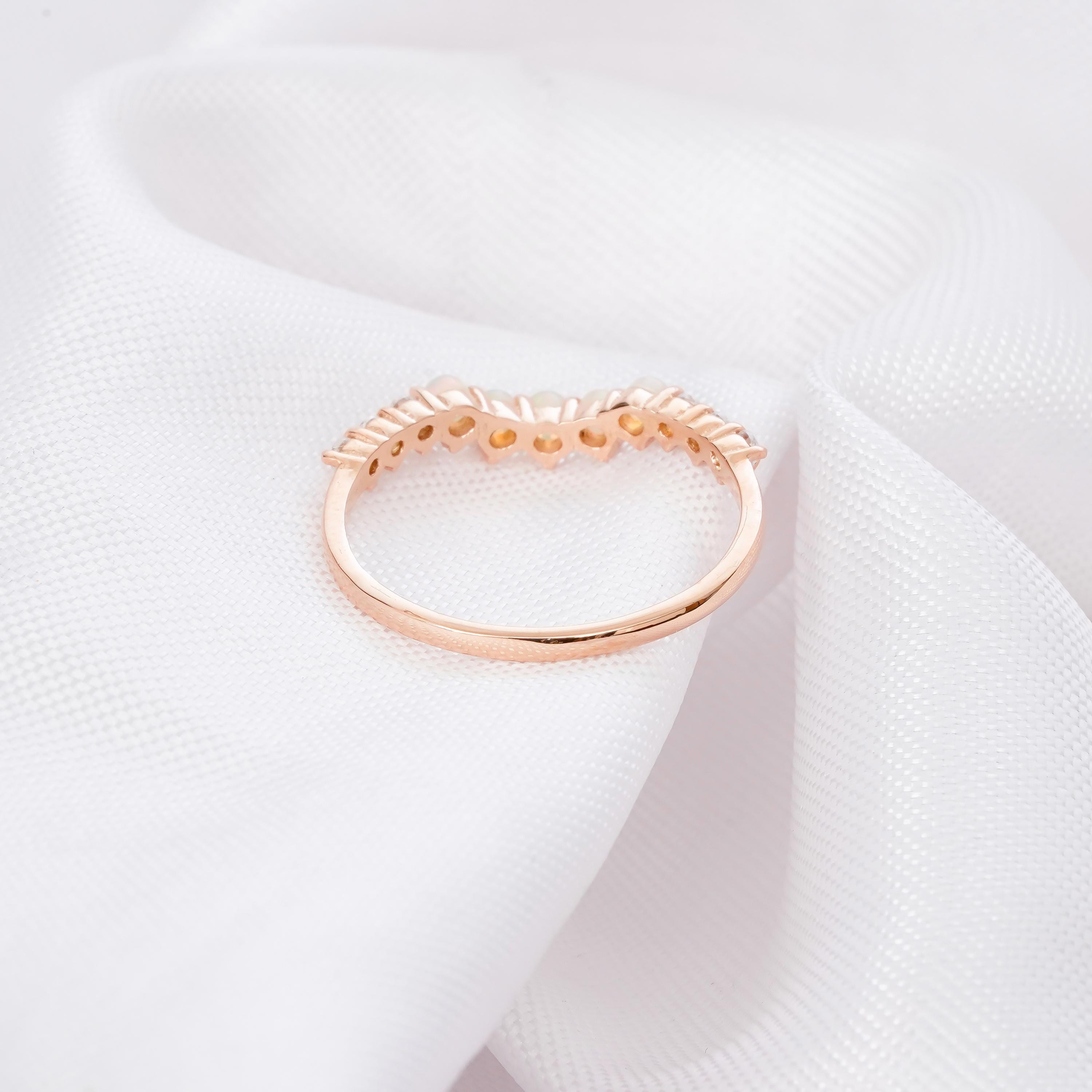 Opal Wedding Band For Women 925 Sterling Silver With Moissanites Round Stackable Curved Fire Opal Bridal Matching Anniversary Dainty Band