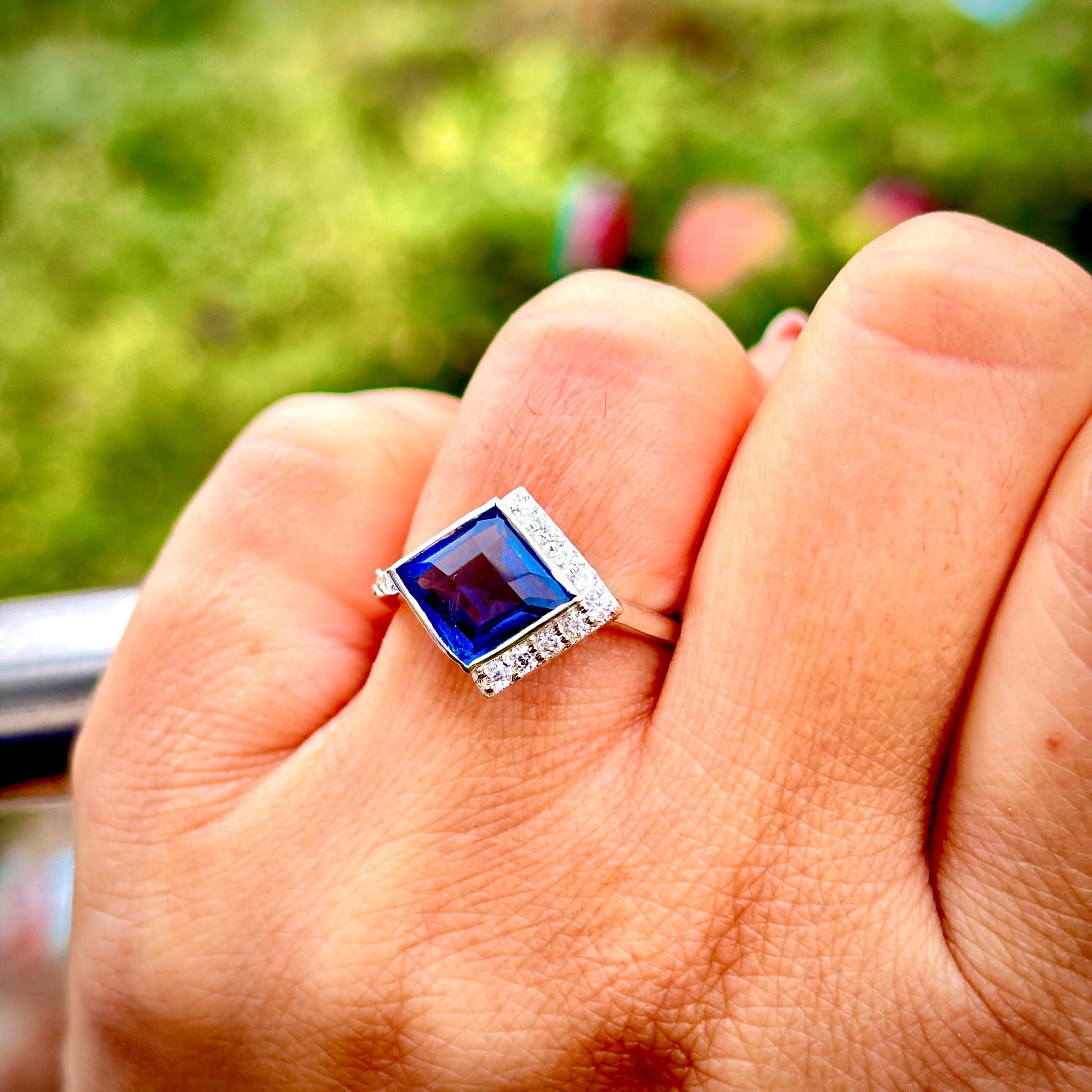 Blue Sapphire Engagement Ring 925 Sterling Silver Elongated Princess Cut East West Bezel Set Wedding Ring Bridal Anniversary Gift For Her