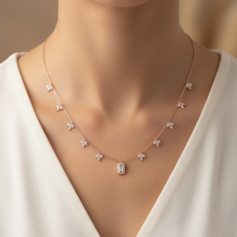 Emerald Cut Moissanite Leaf Charm Necklace, 925 Sterling Silver Nature Jewelry