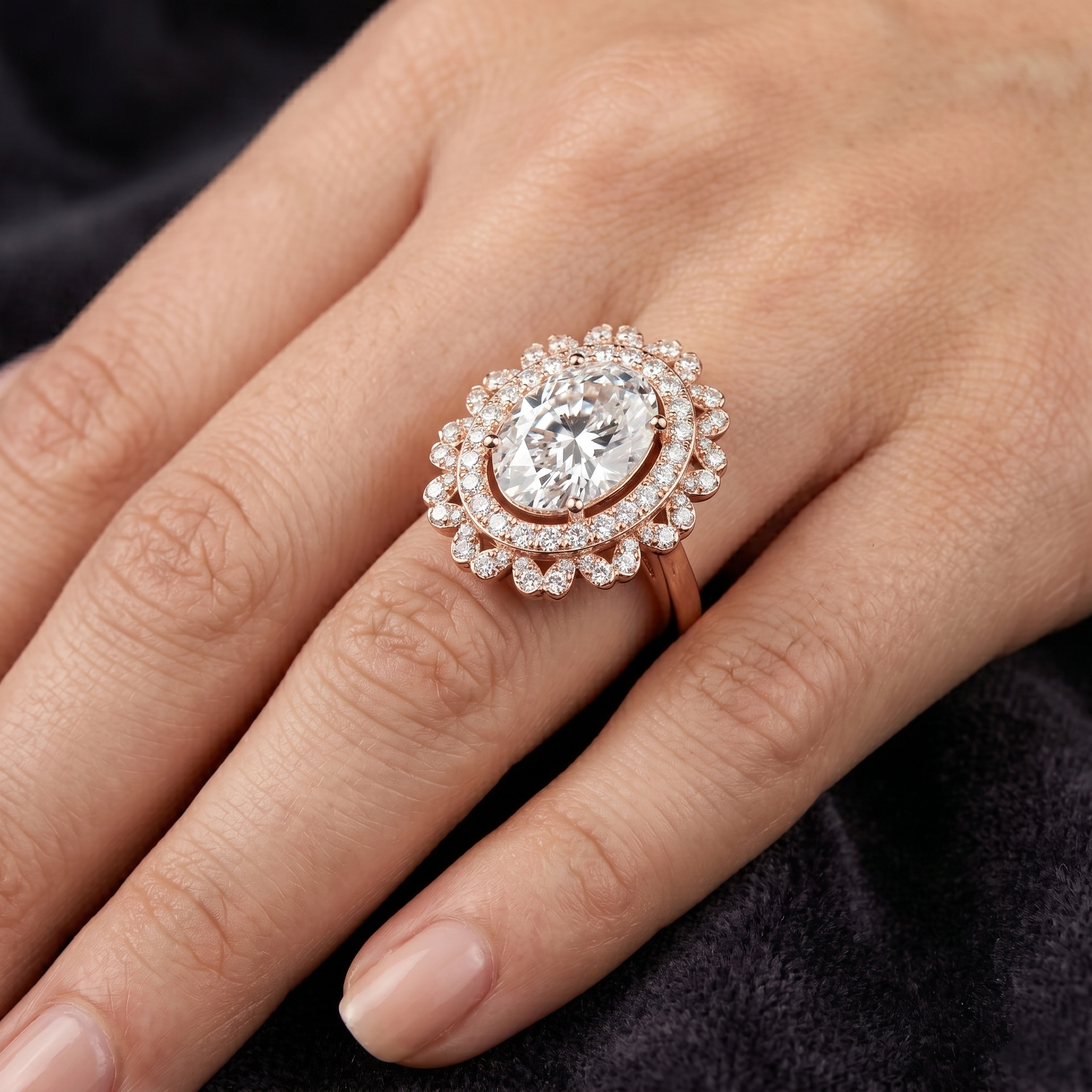 Oval Moissanite Engagement Ring in 925 Sterling Silver, Vintage Statement Floral Sunflower Halo Wedding Nature inspired Promise Ring for Her