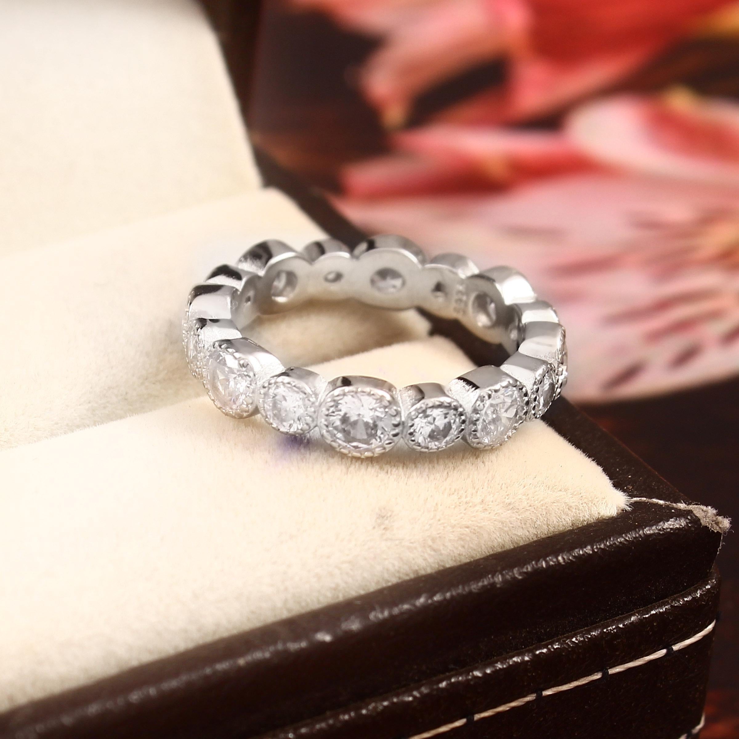 Moissanite Wedding Band Milgrain Bezel Set Art Deco Full Eternity Stacking Dainty Silver Proposal Ring Anniversary Gift Promise Ring For Her
