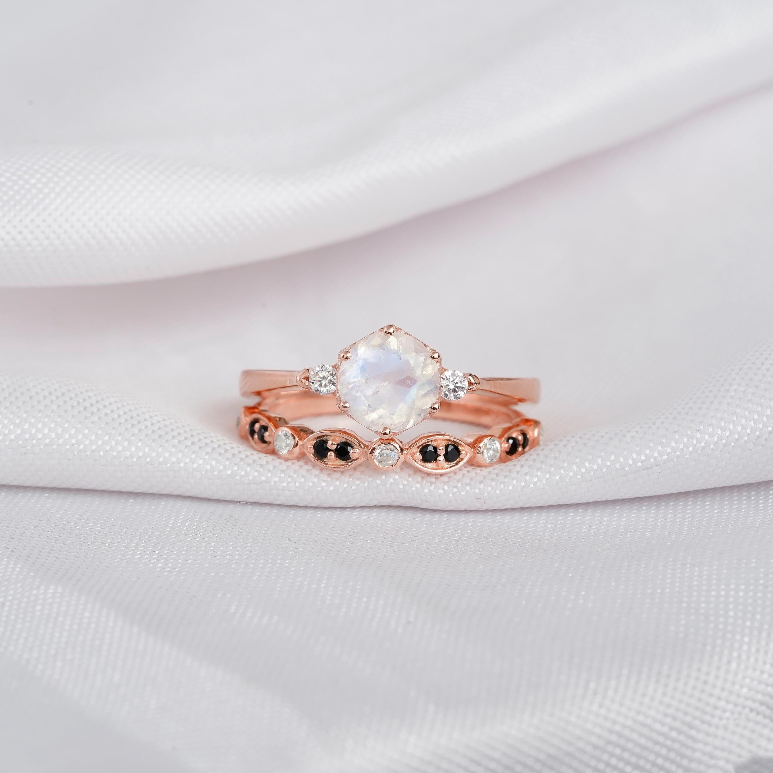 2ct Moonstone Engagement Ring Set Matching Black Onyx Art Deco Wedding Band For Women Hexagon Halo 6 Prong Eternity Bridal Promise Ring