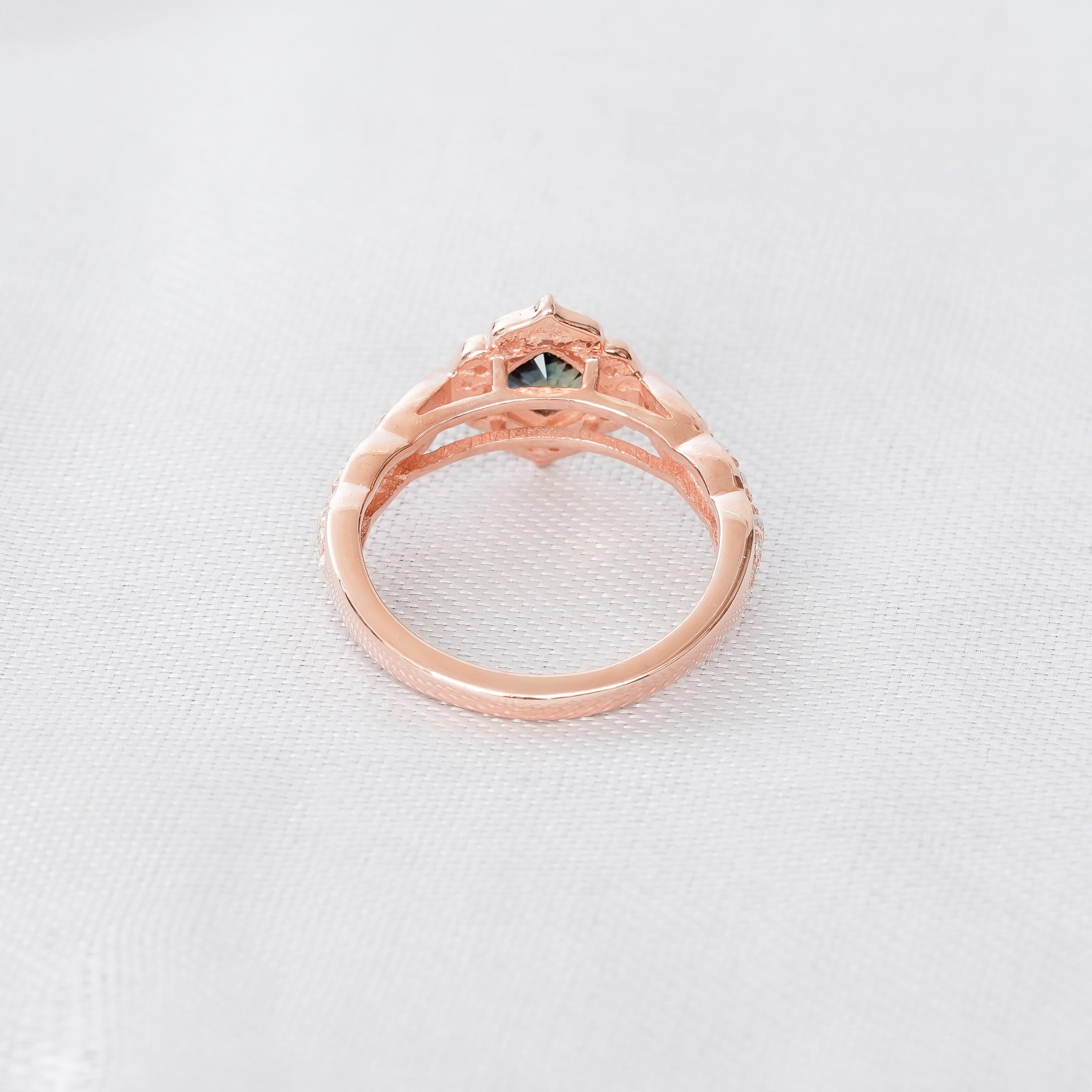 Alexandrite Engagement Ring Set Halo Matching Blue Sapphire Wedding Band For Women Round Art Deco Milgrain Floral Halo Bridal Proposal Ring