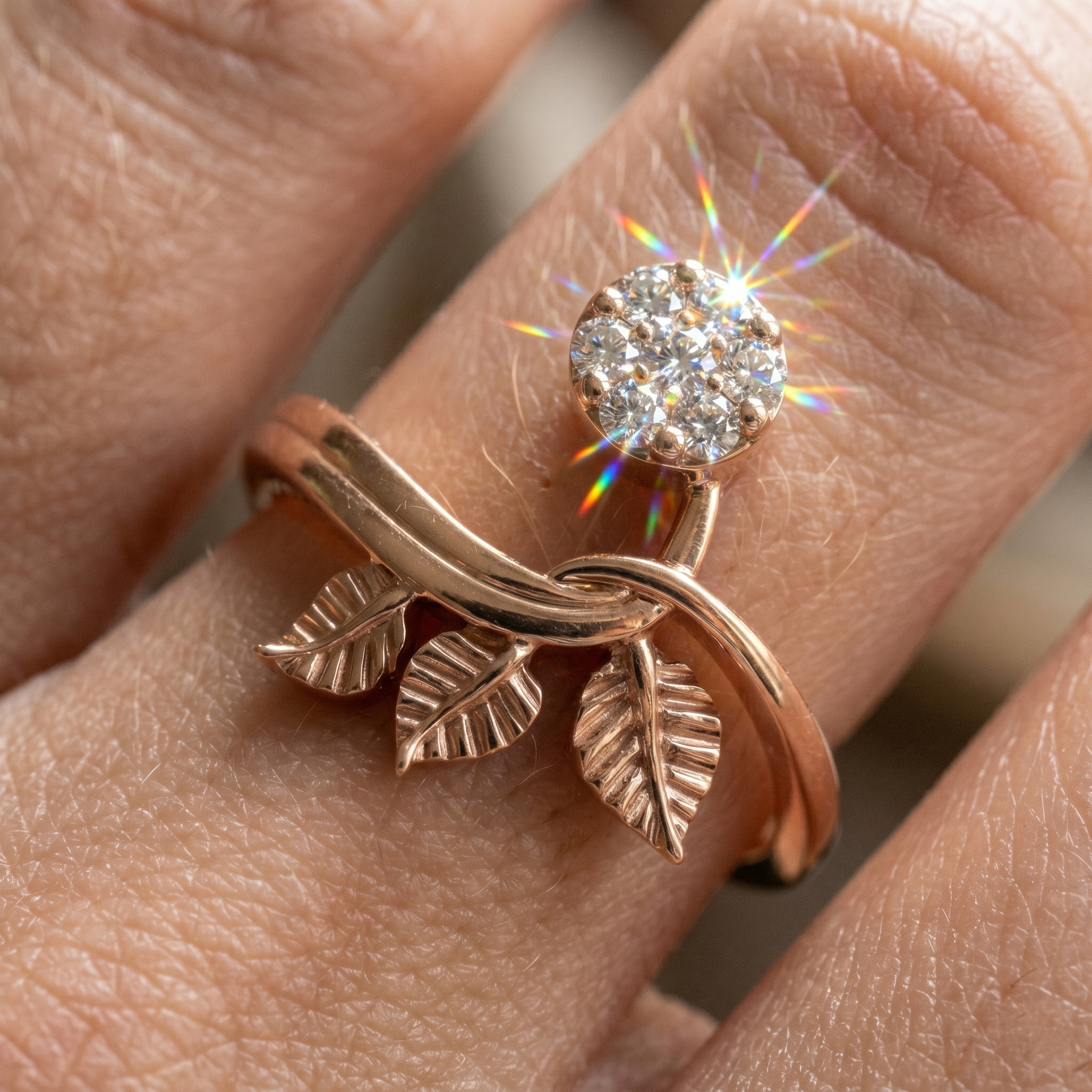14K Solid Gold Leaf Branch Moissanite Ring, Nature Inspired Botanical Engagement Floral Ring