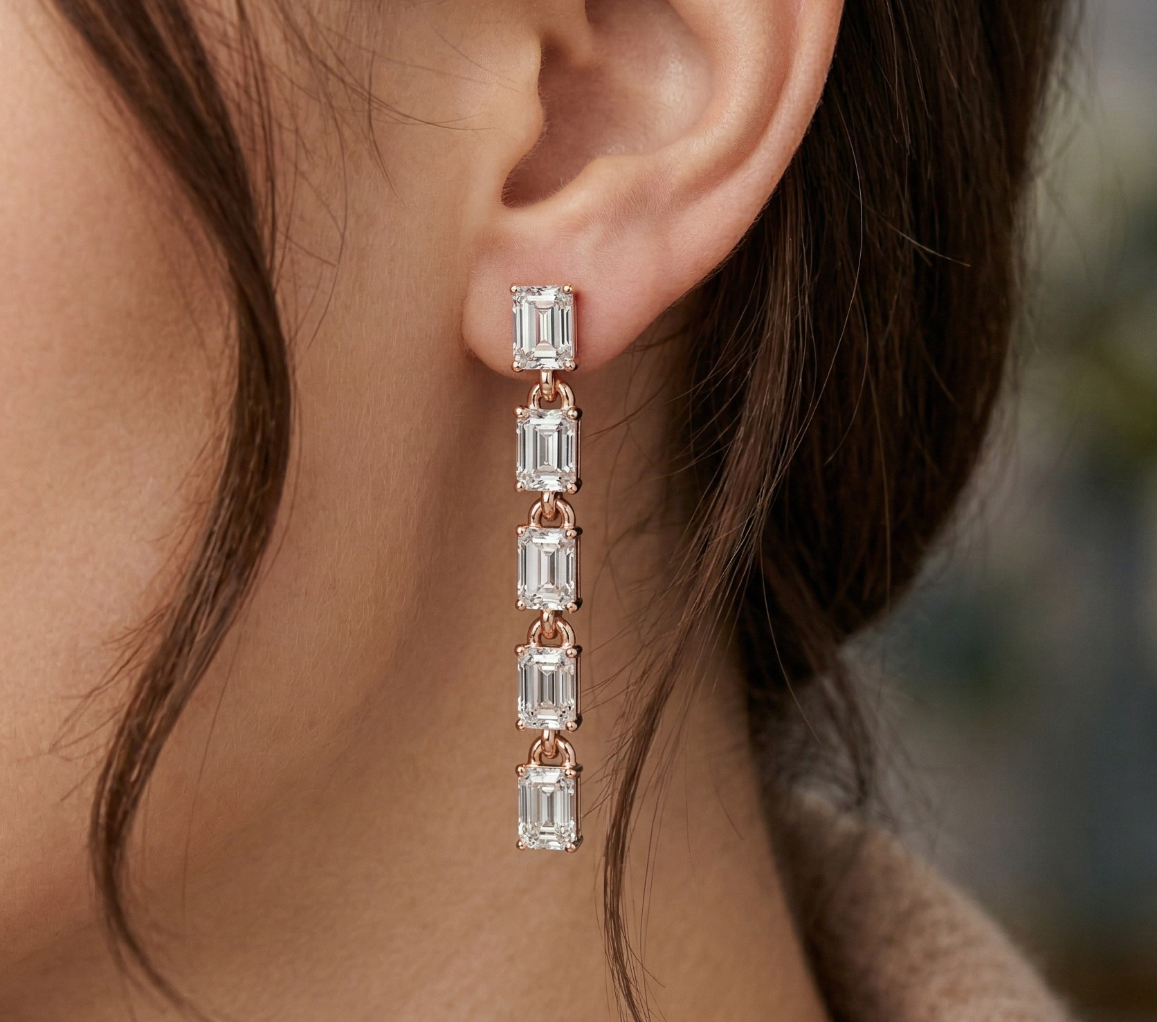 Linear Emerald Cut Moissanite Drop Earrings, 925 Sterling Silver, Modern Bridal