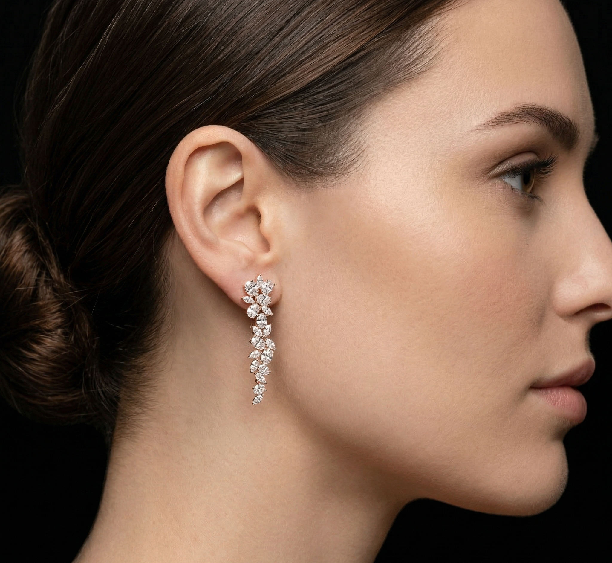 Art Deco Zircon Pear Marquise Vine Drop Earrings, Sterling Silver Bridal Statement