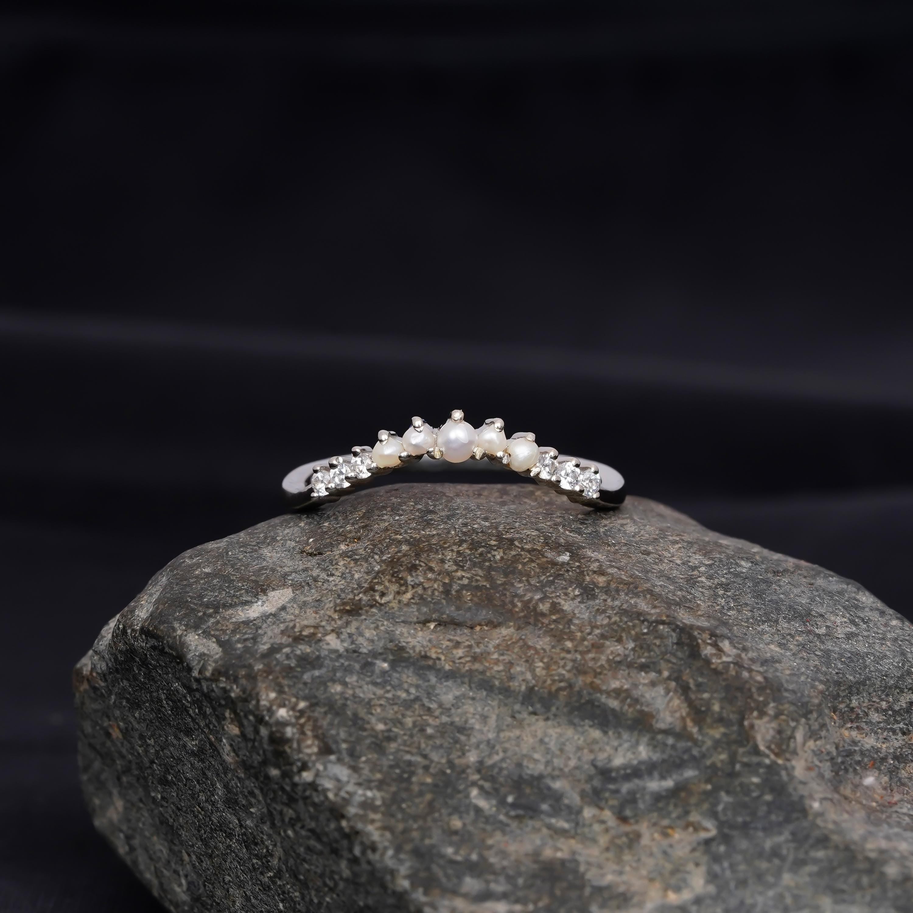 Curved Pearl Wedding Band For Women 925 Sterling Silver With Moissanites Stackable Round White Bridal Matching Anniversary Gift Dainty Band