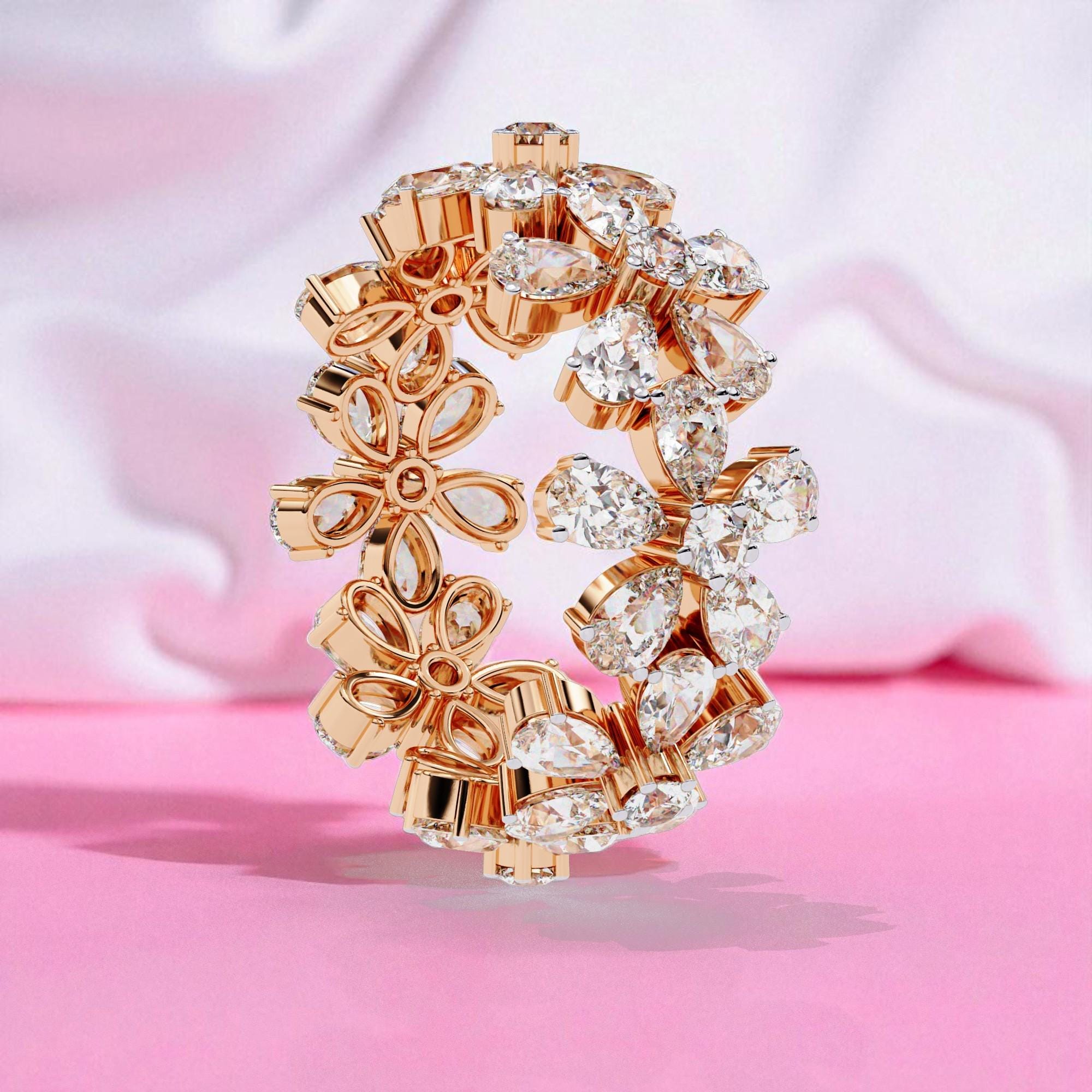 Flower Ring Moissanite Band Unique Flower Shape Nature Inspired Wedding Full Eternity Band Promise Ring Vintage Anniversary Gift For Her