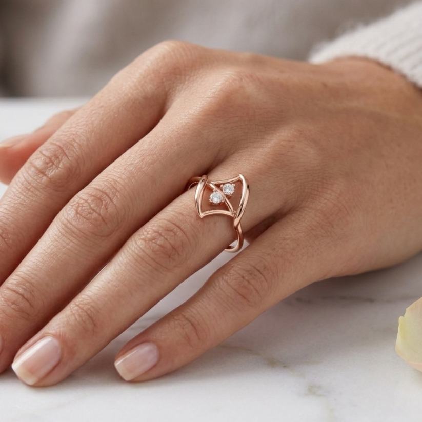 Two Stone Moissanite Ring: Sterling Silver Abstract Twisted Statement Band