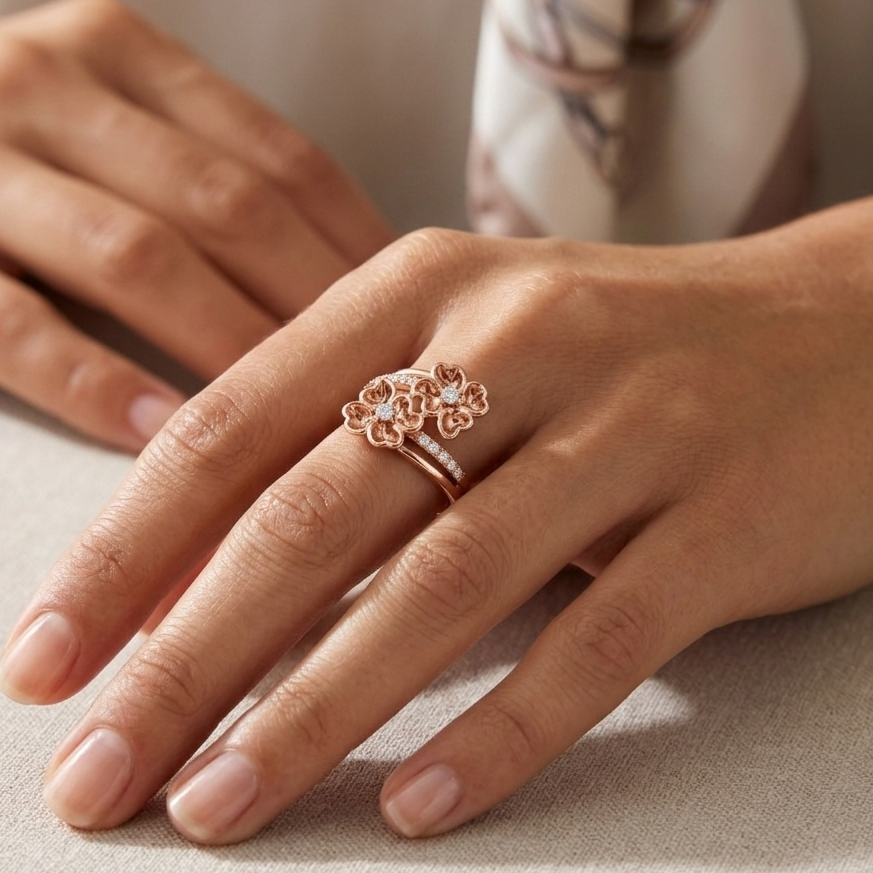 Floral Moissanite Ring, Sterling Silver Nature Inspired Statement Band