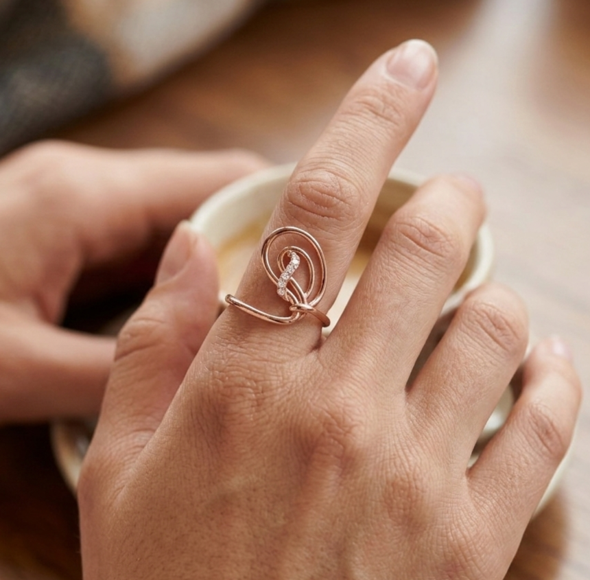 Leaf Moissanite Ring – Abstract Swirl 925 Sterling Silver Statement Band