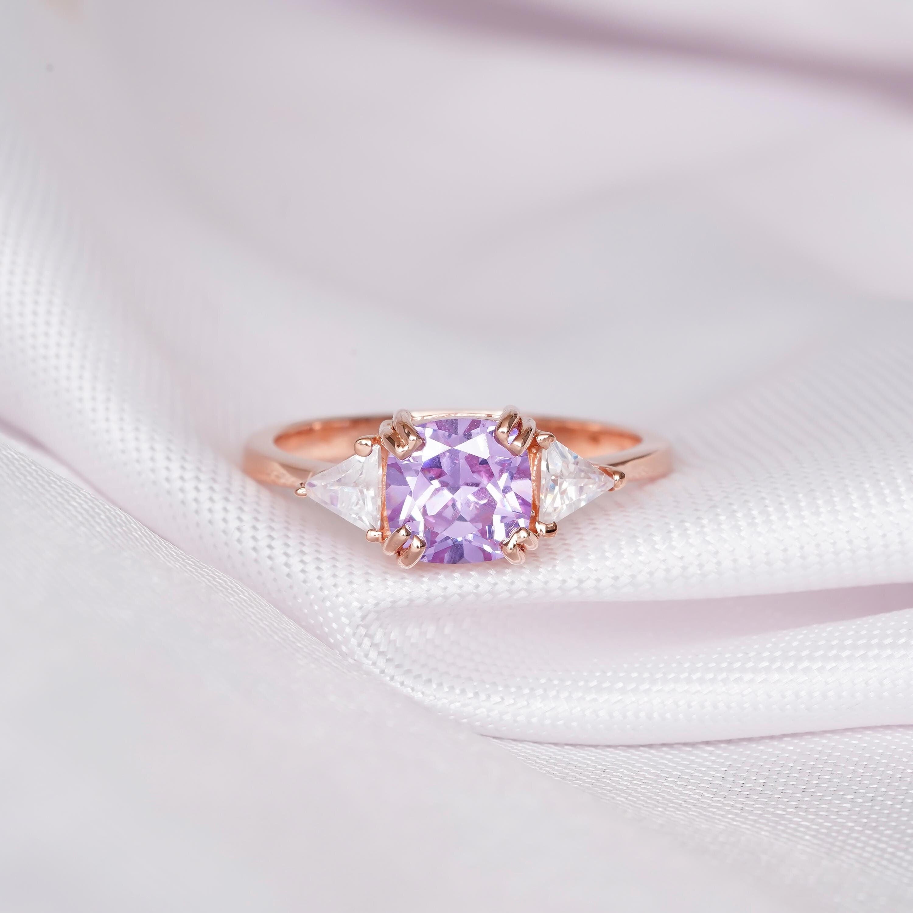 Cushion Amethyst Engagement Ring 925 Sterling Silver with Trillion Cut Moissanites Wedding Ring For Women Proposal Minimalist Prong Set Ring