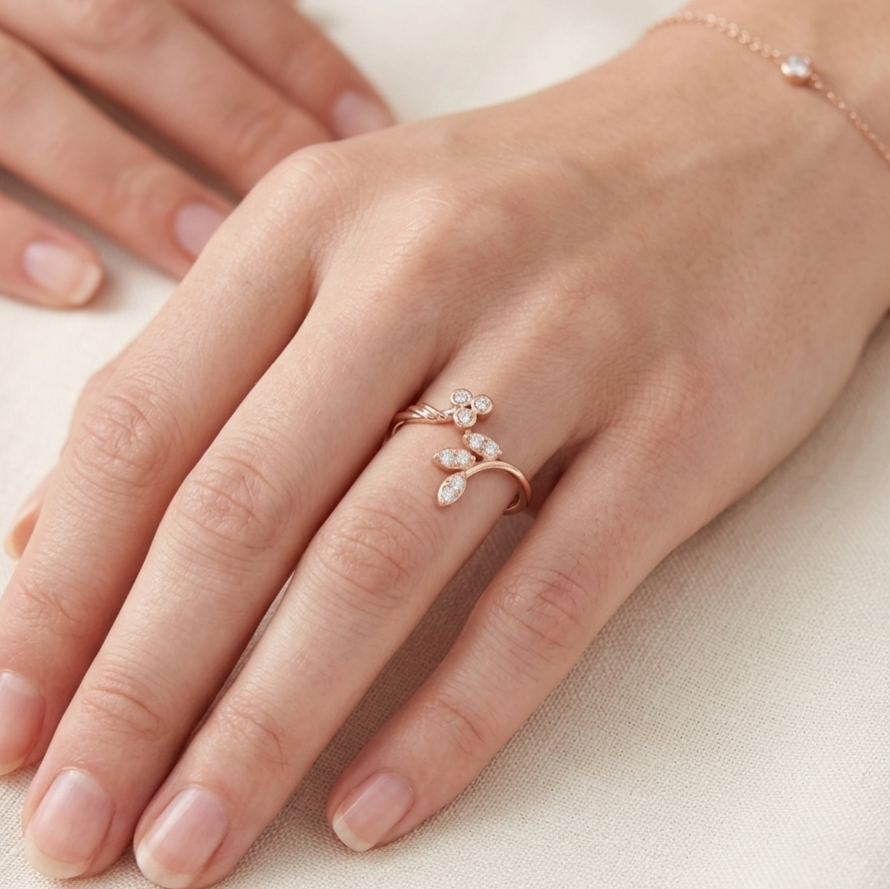 Twig and Leaf Moissanite Ring – Sterling Silver Art Deco Floral Swirl Band