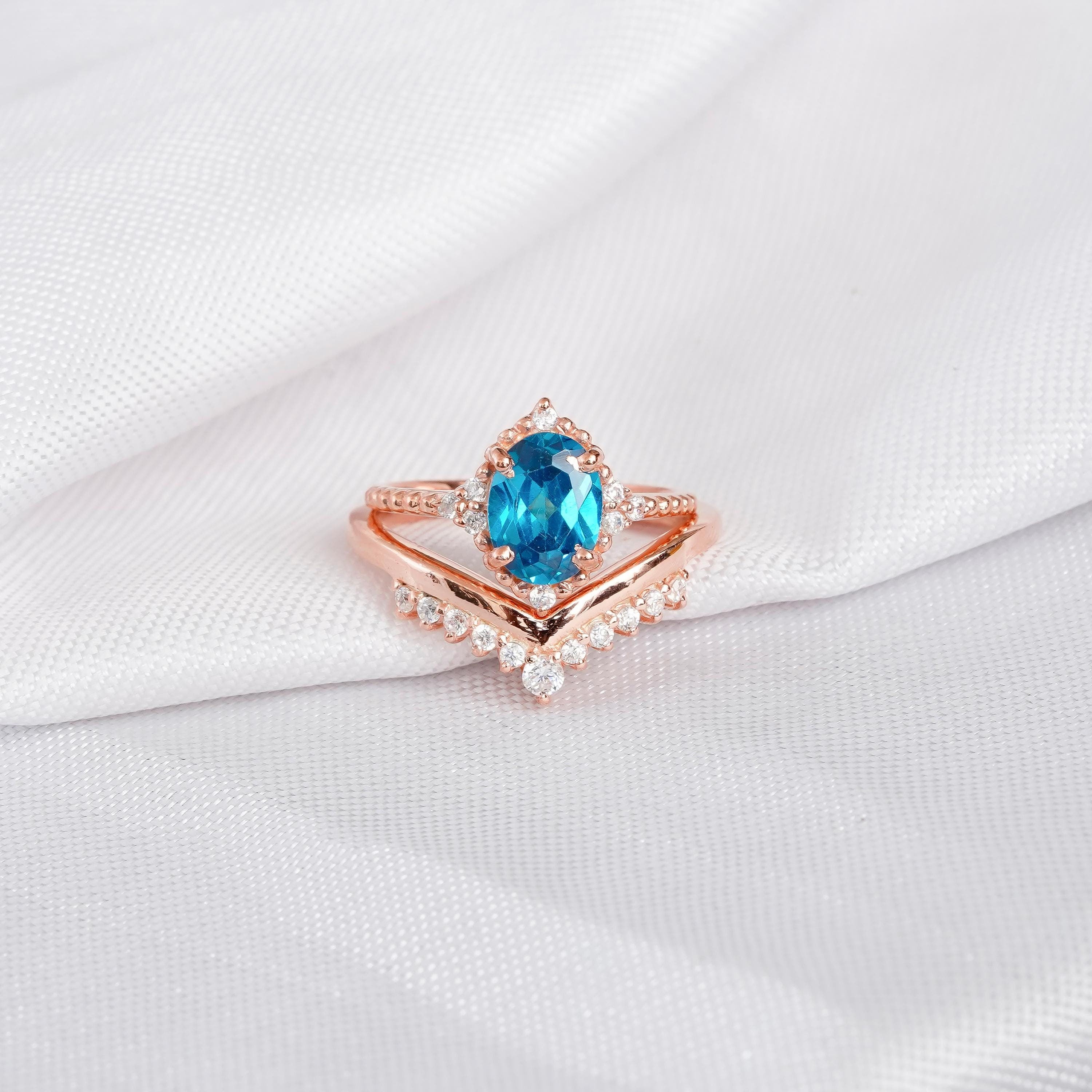 London Blue Topaz Ring Set For Women Matching Moissanite Chevron Wedding Band 925 Sterling Silver Halo Beaded Band Engagement Bridal Ring