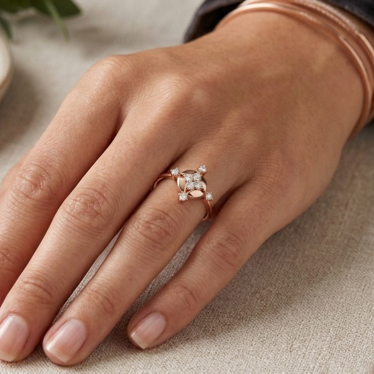 Victorian Style Moissanite Ring – Sterling Silver Geometric North Star Bridal Band
