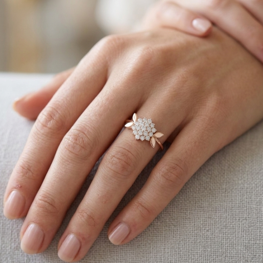 Leaf Motif Moissanite Ring in 925 Sterling Silver Snowflake Sunburst Bridal Band