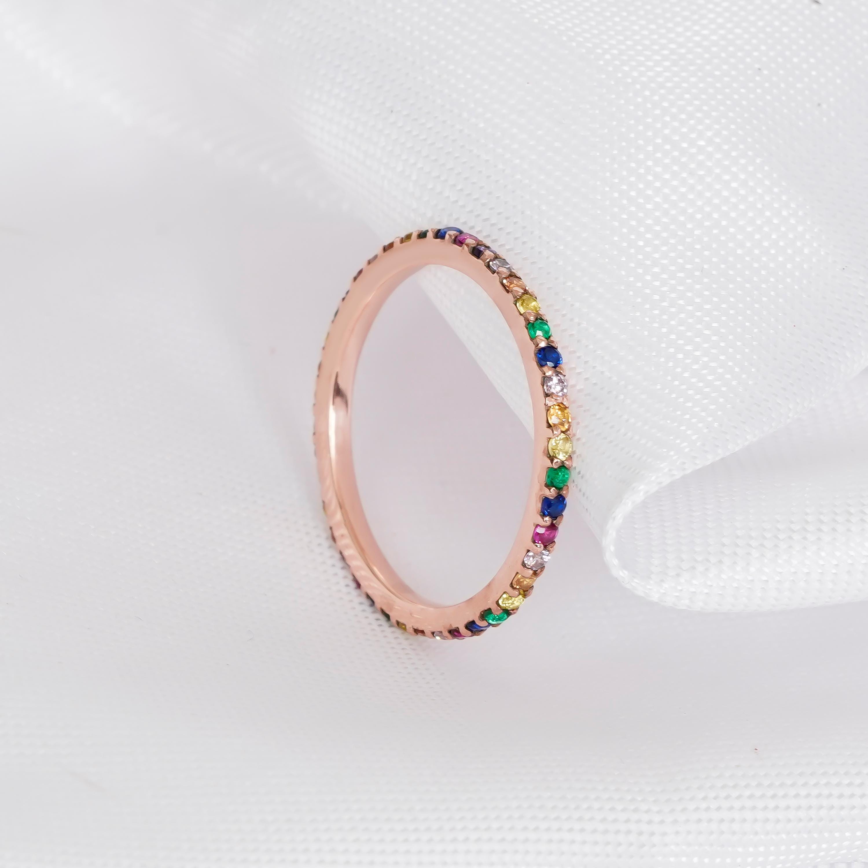 Multicolor Eternity Band For Women 925 Sterling Silver CZ Rainbow Stackable Delicate Full  Eternity Bridal Matching Anniversary Gift Dainty
