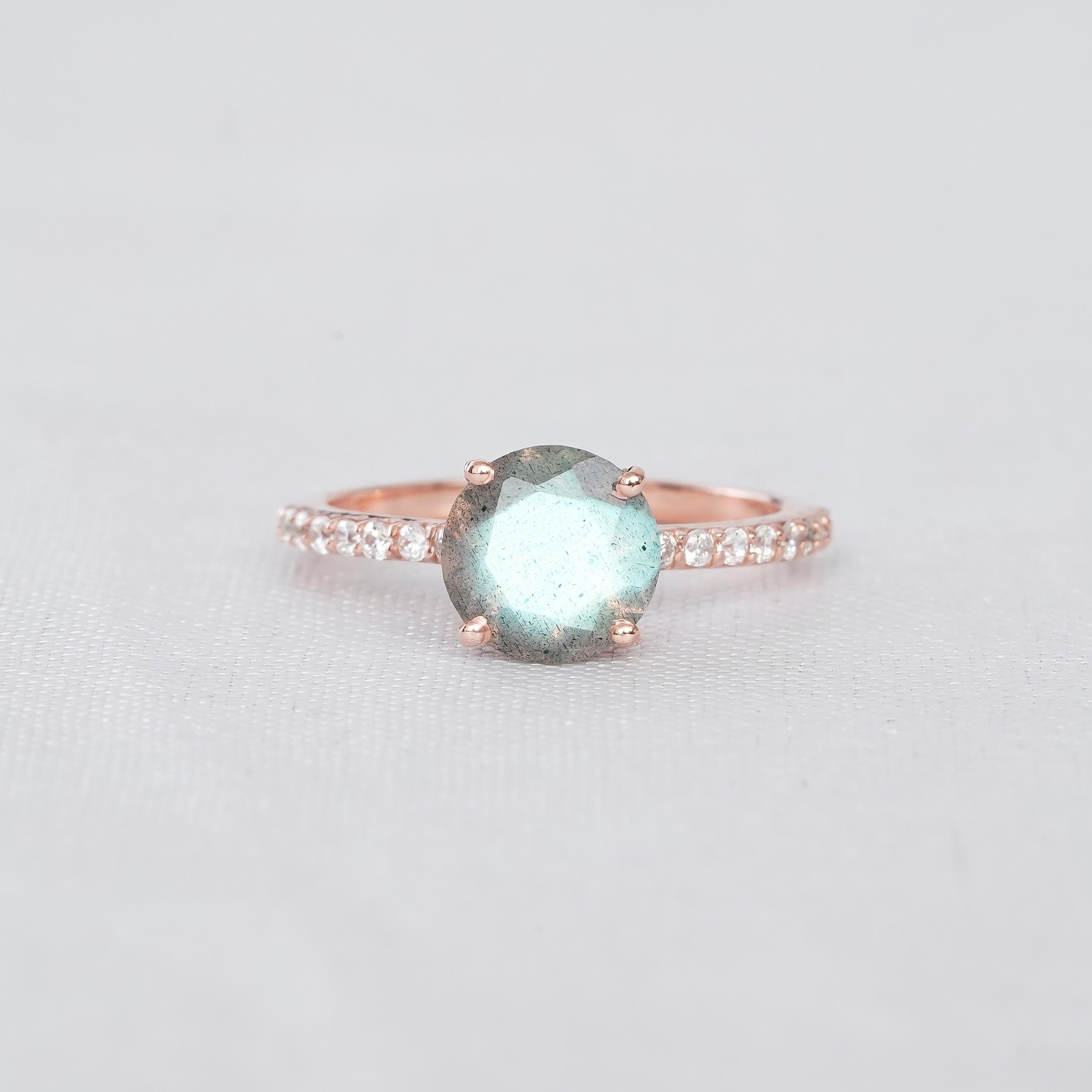 Labradorite Ring For Women 925 Sterling Silver Round Rainbow Flashy Engagement Wedding Ring Proposal Art Deco Dainty Prong Set Halo Ring