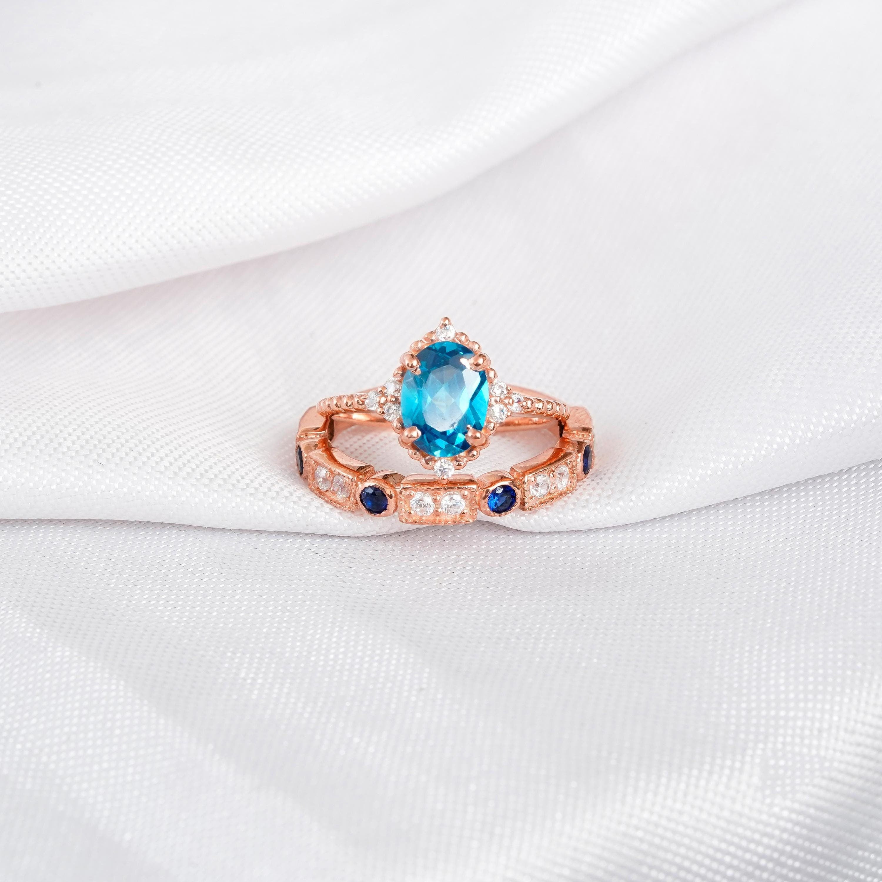 London Blue Topaz Engagement Ring Set For Women Matching Blue Sapphire Dainty Wedding Band 925 Sterling Silver Halo Beaded Band Bridal Ring