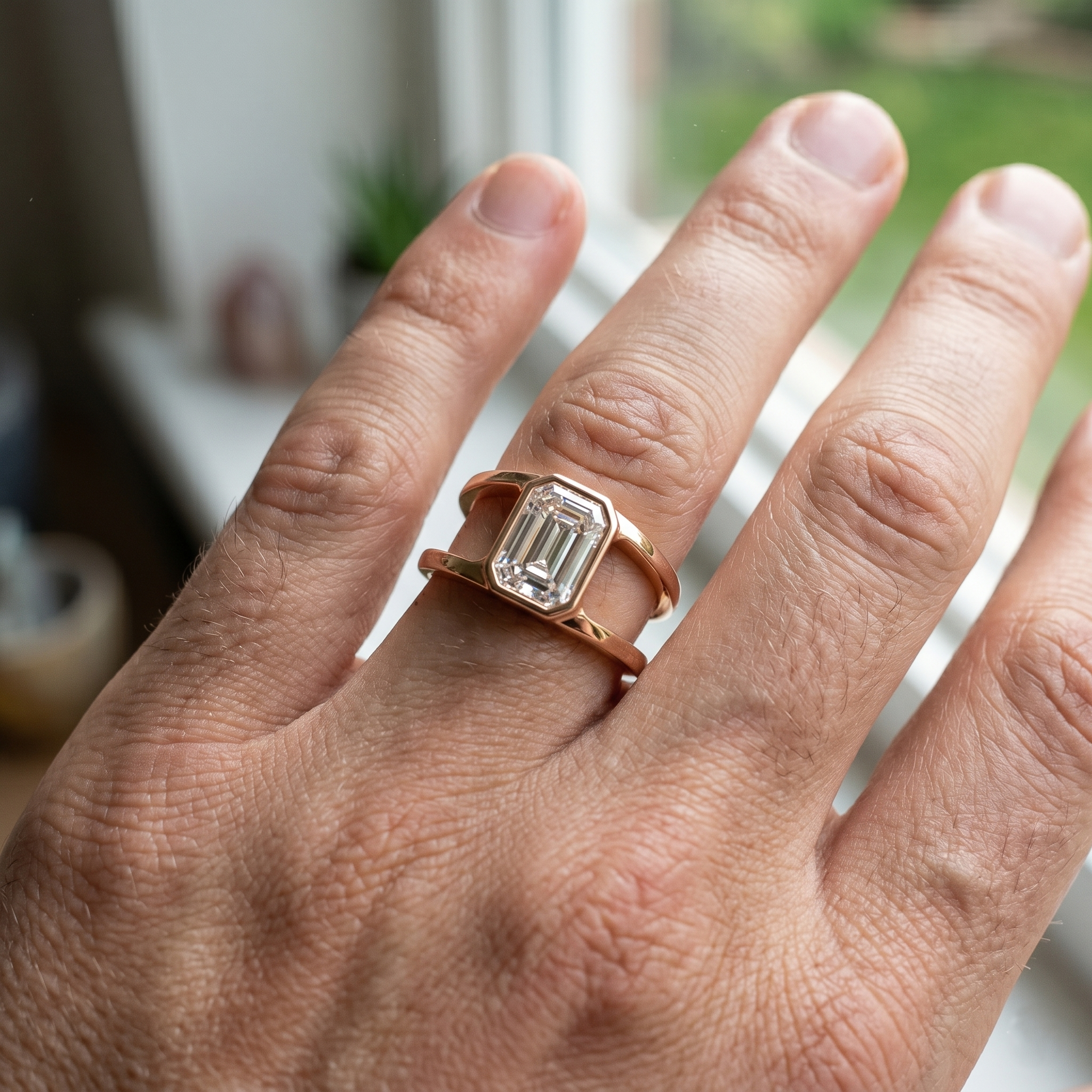 Emerald Cut Moissanite Men's Ring, Split Shank 925 Sterling Silver, Bezel Set Wedding Band