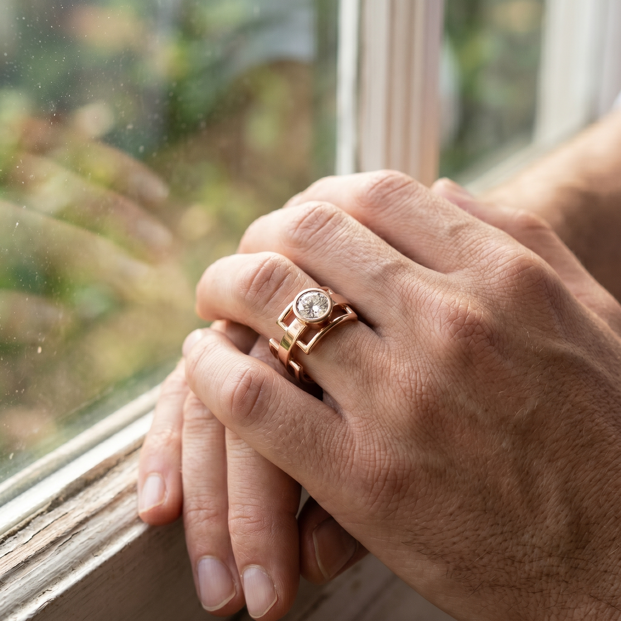 Brutalist Moissanite Men's Ring, Sterling Silver Geometric Cage Band, Modernist Statement Ring