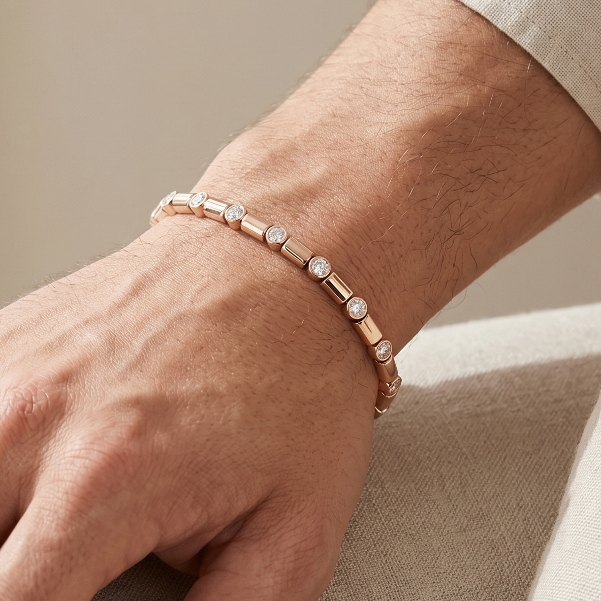 Bezel Set Moissanite Bracelet for men, Sterling Silver Rose Gold Finish Tennis Bracelet