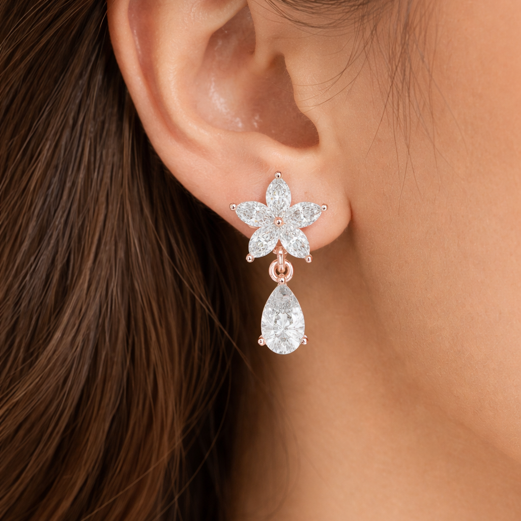Floral Pear Cut Moissanite Dangle Earrings, 925 Sterling Silver, Art Deco Bridal