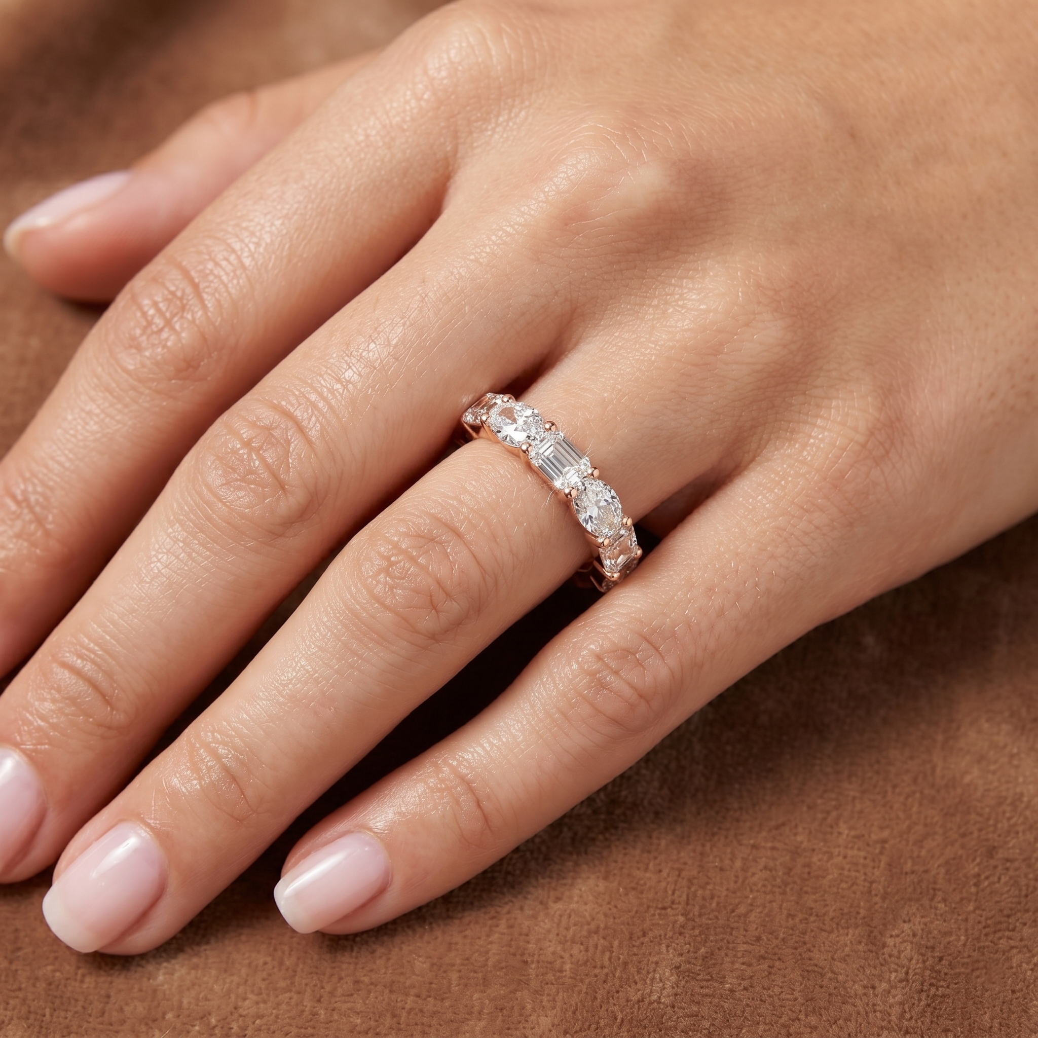 Multi-Shape Moissanite Eternity Band in 925 Sterling Silver, Alternating Emerald Oval Cut Wedding Stacking Unique Promise Ring Gift for Her