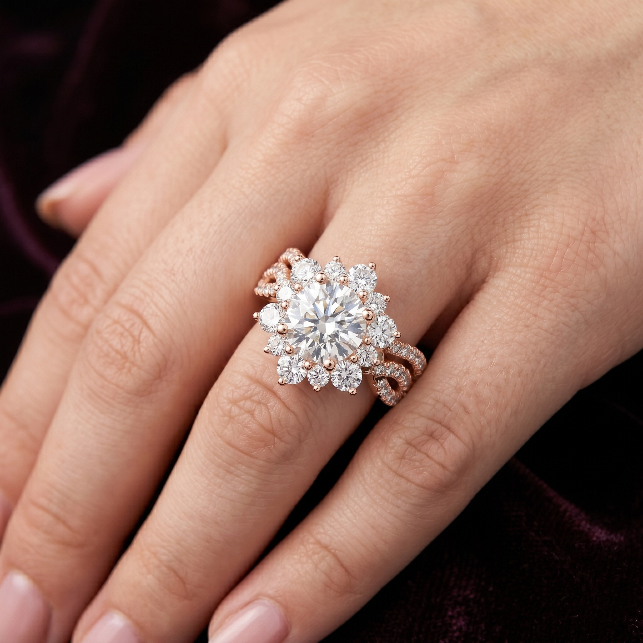 Moissanite Engagement Ring, 925 Sterling Silver Ring, Rose Gold Floral Halo Ring, Promise Vintage Cluster Unique Bridal Set Ring For Women