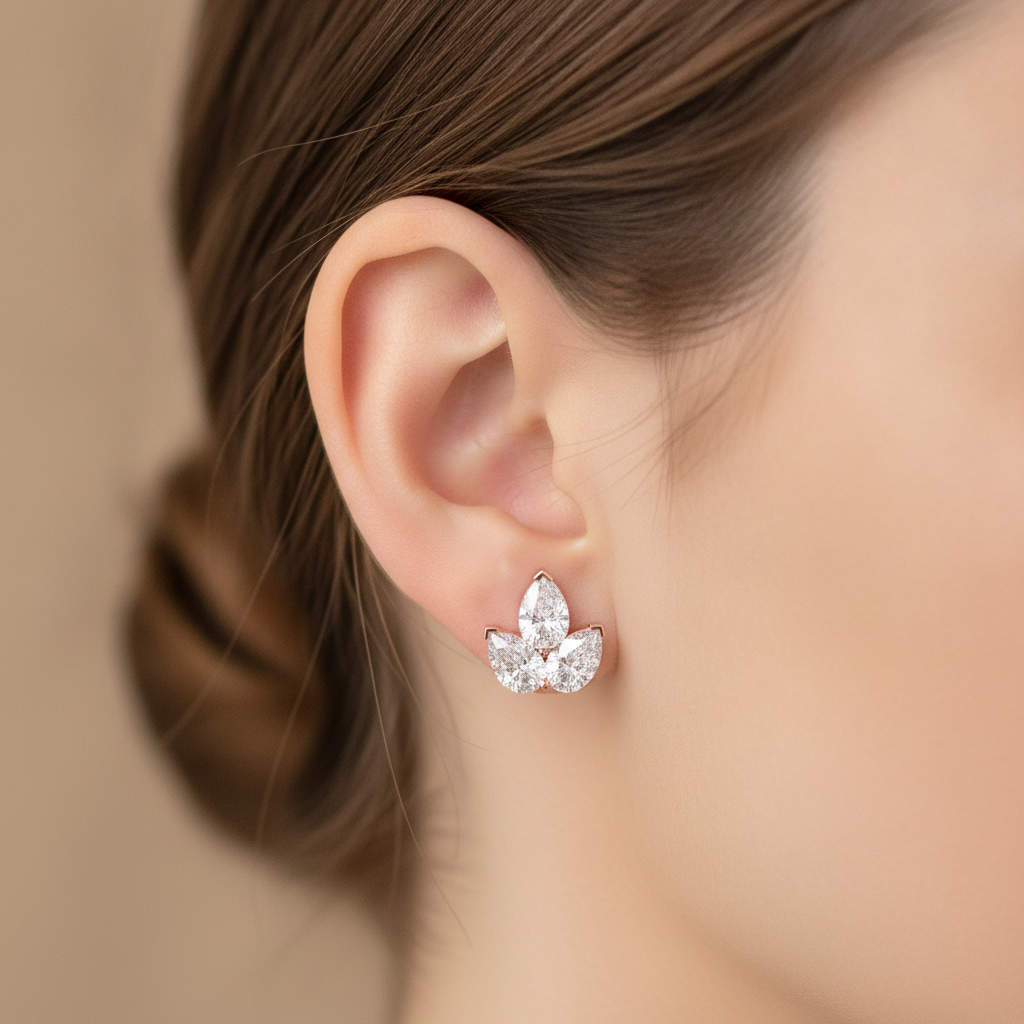 Sterling Silver Lotus Flower Moissanite Stud Earrings, Trio Bridal Sparkle