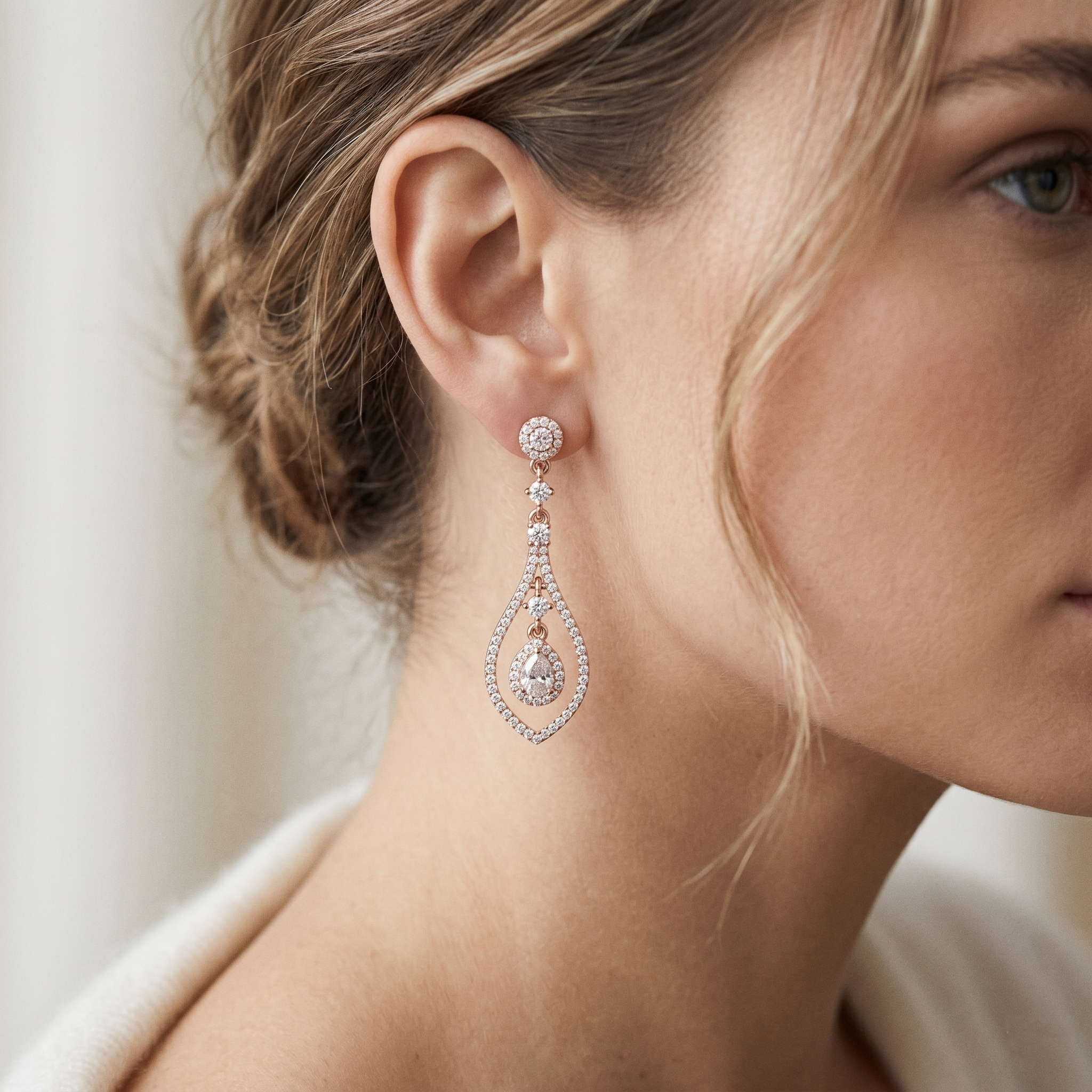 Moissanite Tear Drop Dangle Earrings, 925 Sterling Silver Rose Gold Halo Chandelier