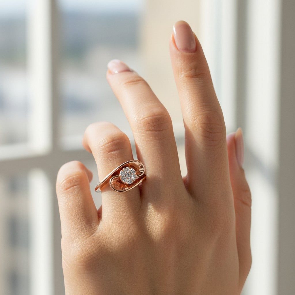 14K Solid Gold Calla Lily Moissanite Ring, Swirl Bypass Nature Inspired Jewelry