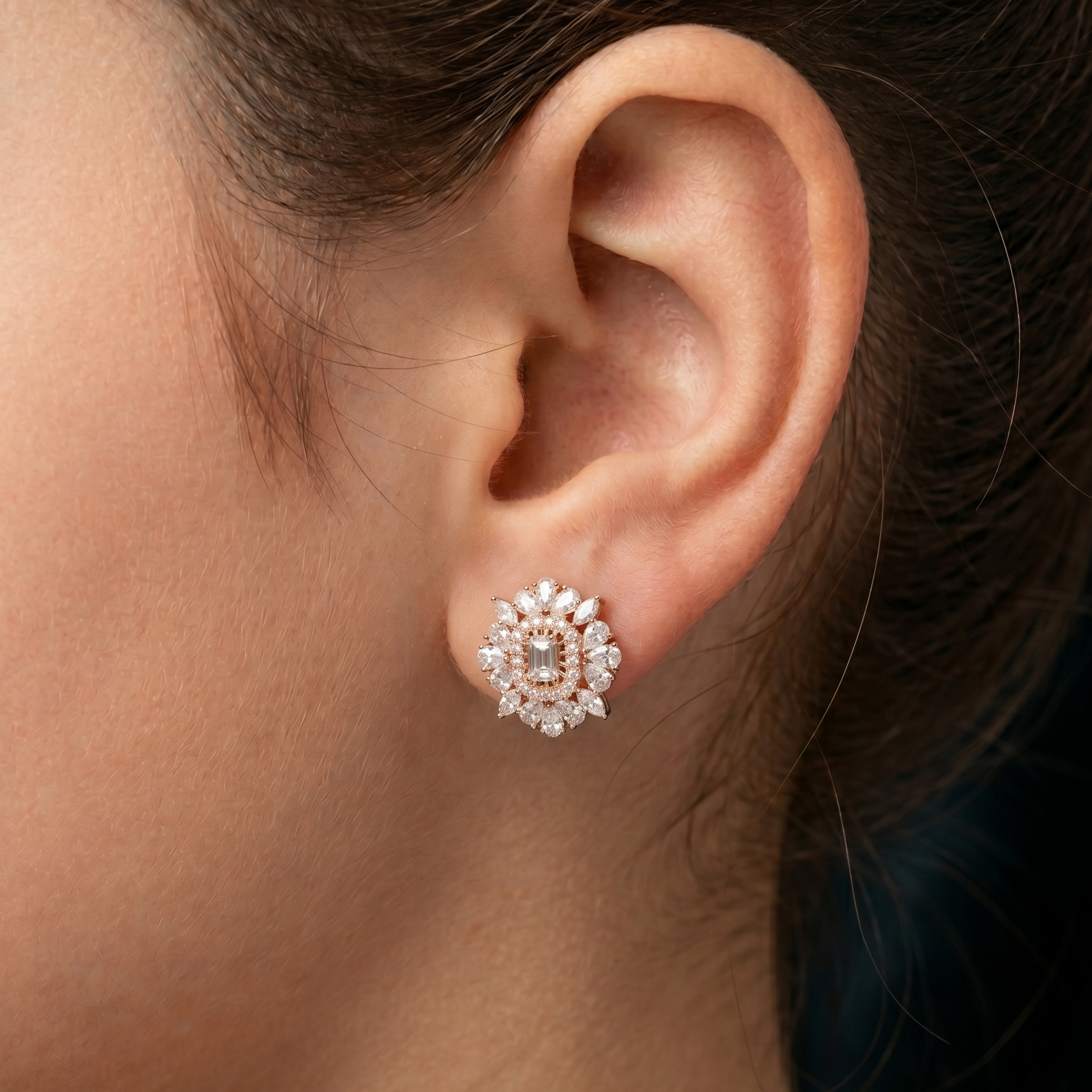 Emerald Cut Moissanite Flower Earrings, 925 Sterling Silver Halo Studs