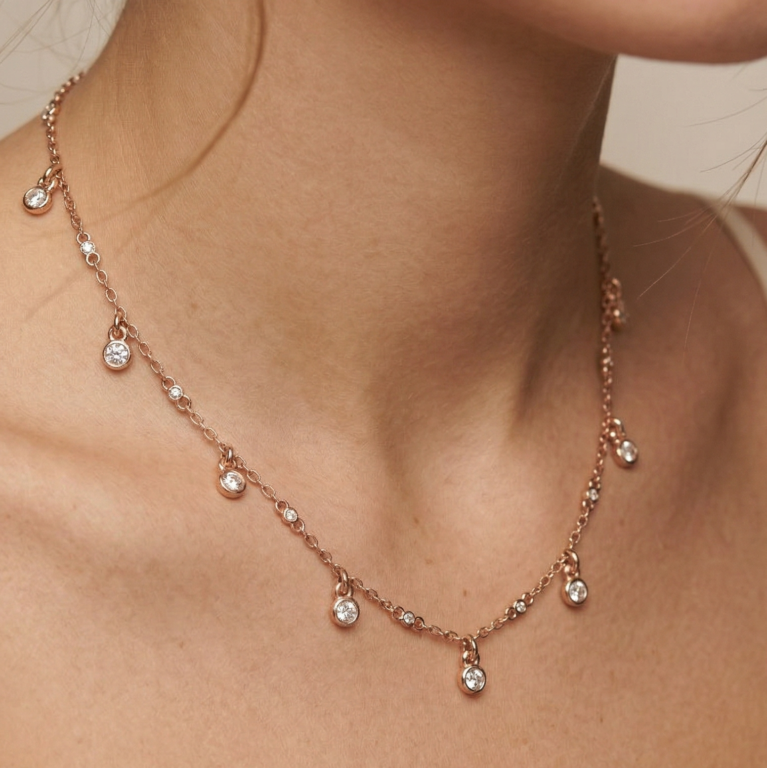Droplet Moissanite Necklace, Sterling Silver, Round Bezel Dangle Chain, Bridal Boho Chic