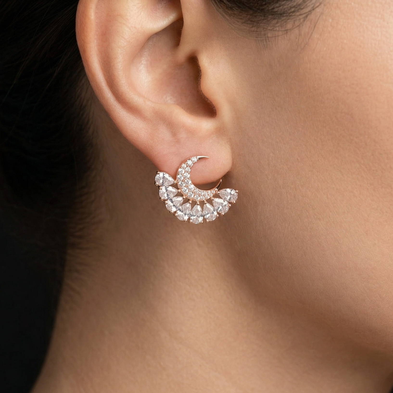 Crescent Moon Moissanite Earrings, 925 Sterling Silver, Pear Cut Celestial Studs