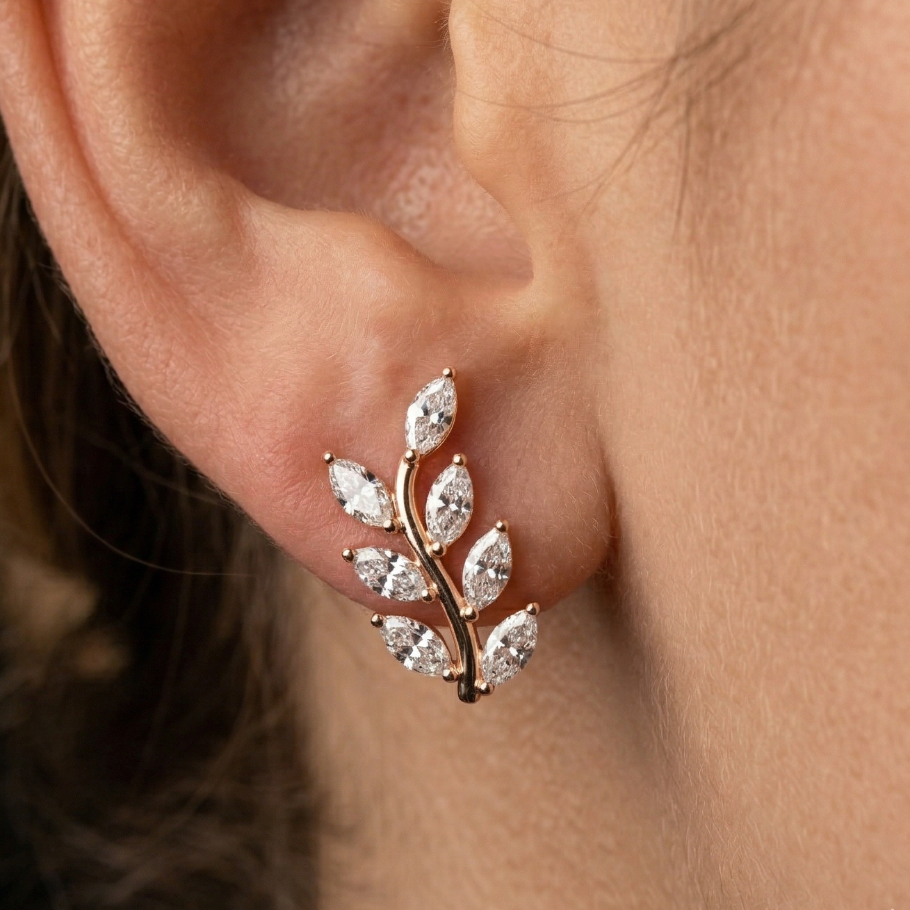 Leaf Climber Moissanite Earrings, 925 Sterling Silver, Marquise Botanical Studs