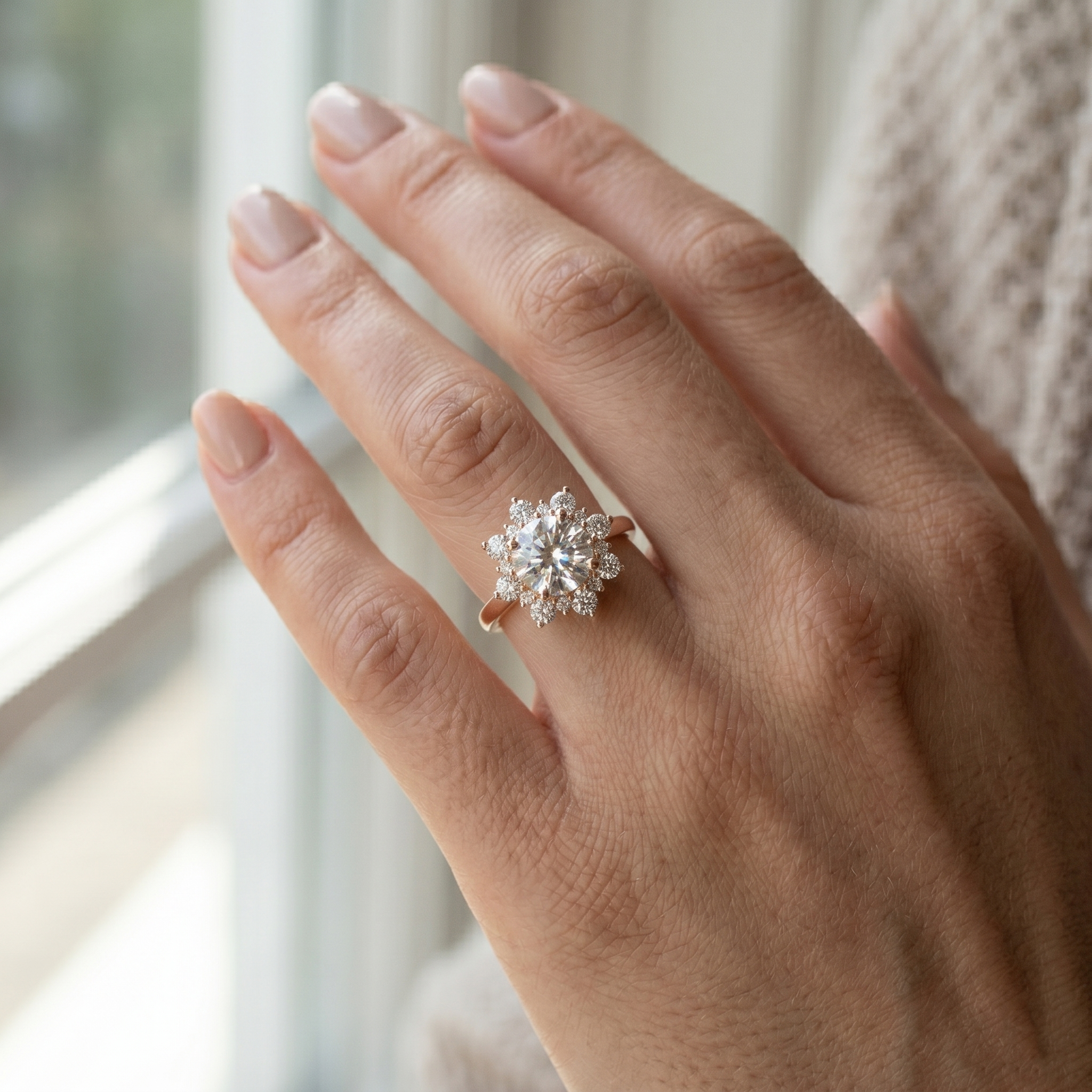Round Cut Moissanite Snowflake Engagement Ring, Rose Gold Plated Sterling Silver Wedding Jewelry