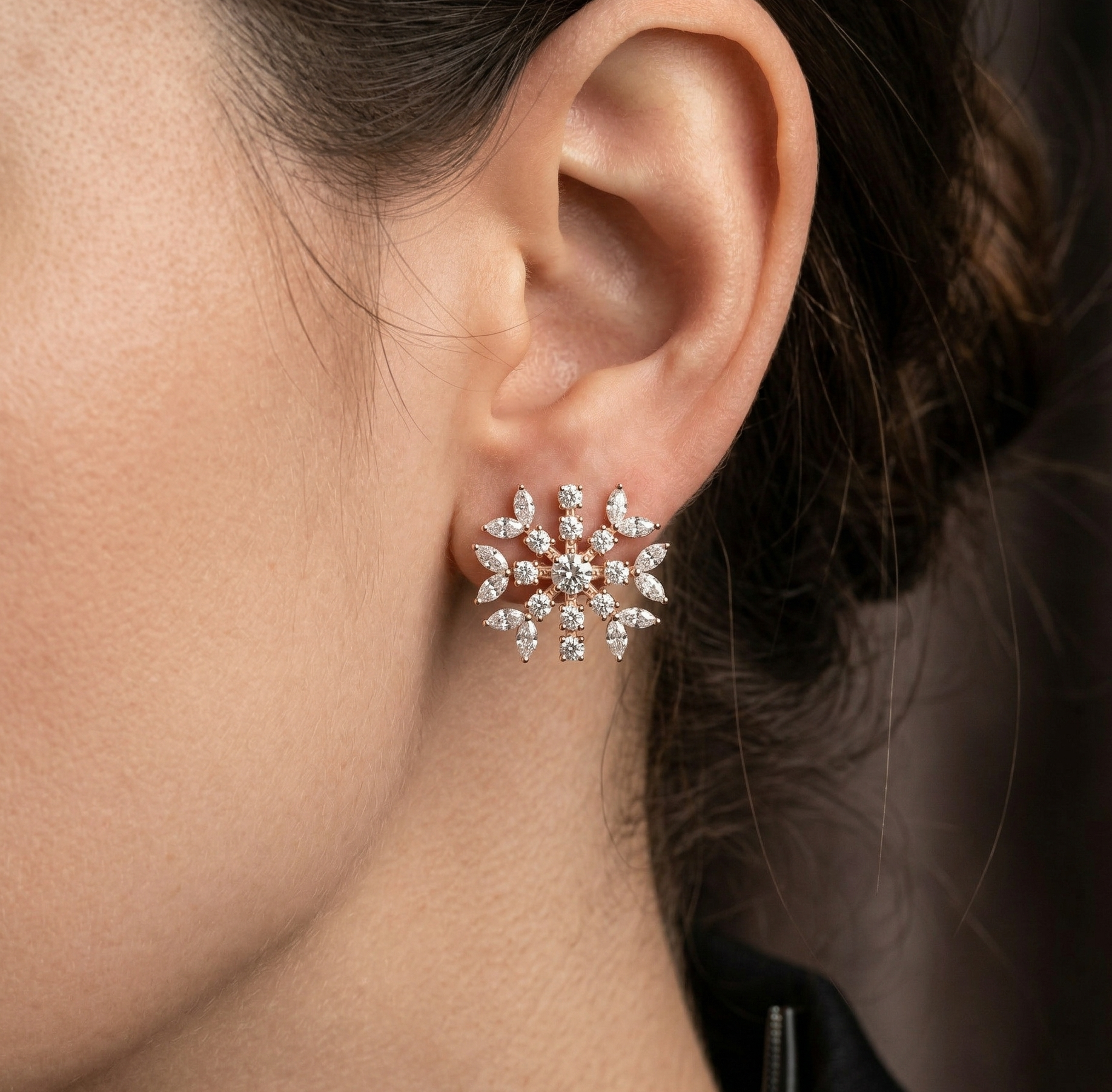 Snowflake Moissanite Stud Earrings, 925 Sterling Silver, Celestial Marquise Cluster