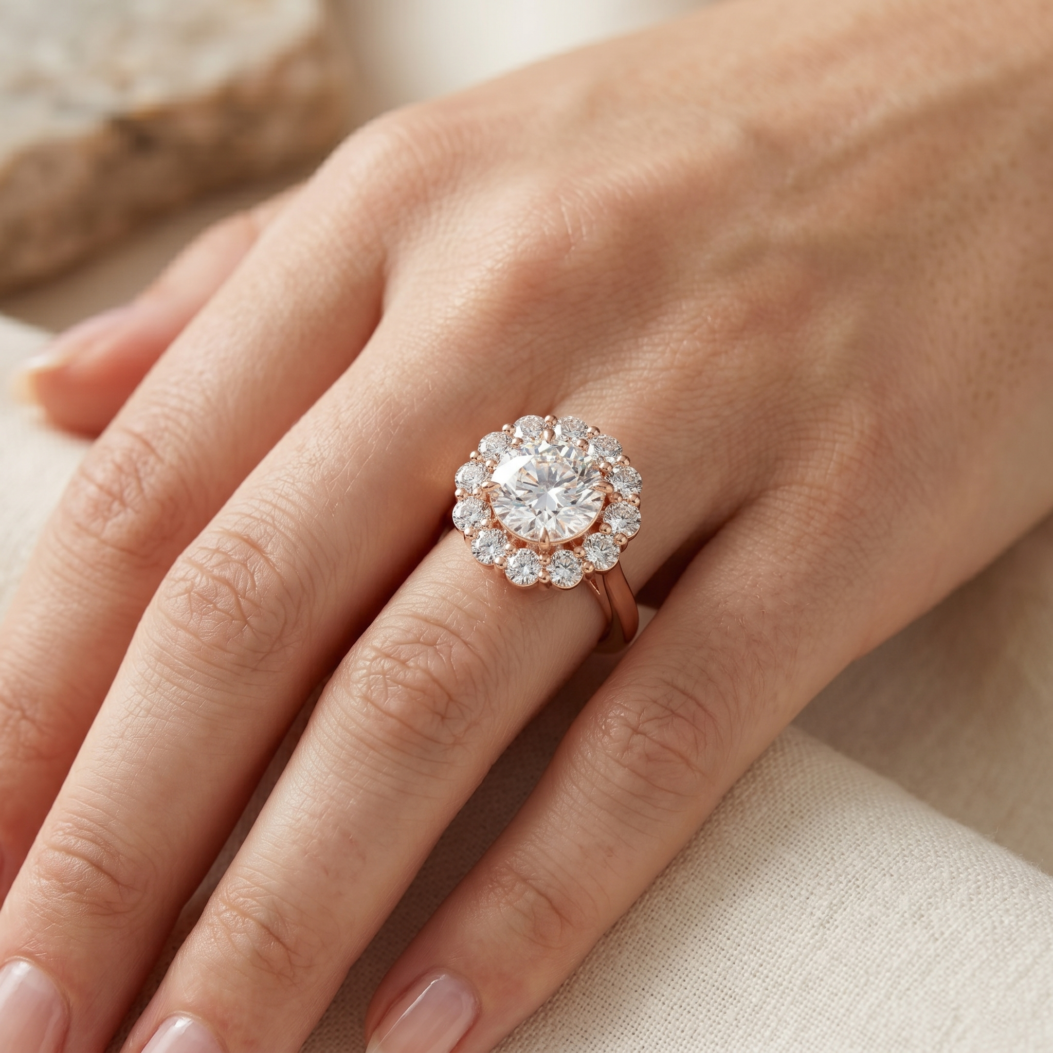 Large Flower Cluster Halo Moissanite Ring in 925 Sterling Silver, Sparkly Brilliant Cut Two Tone Rose Gold Bridal Statement Promise Ring