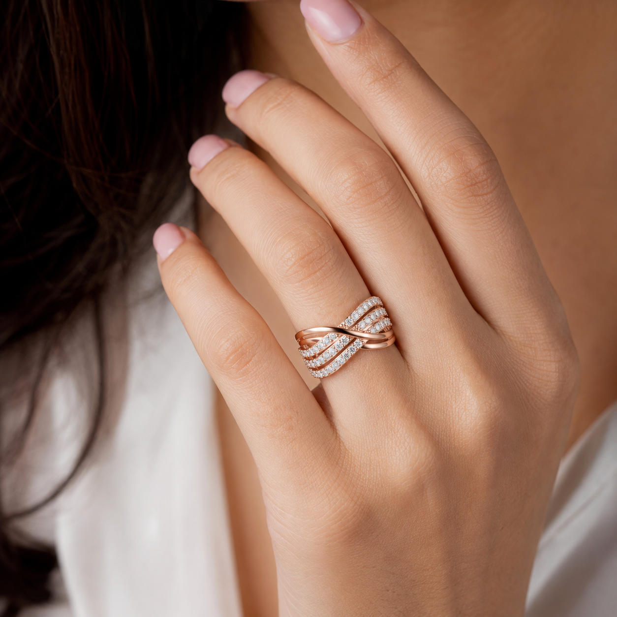 Multi Row Moissanite Criss Cross Ring, Sterling Silver Wide Band Statement Wedding Ring