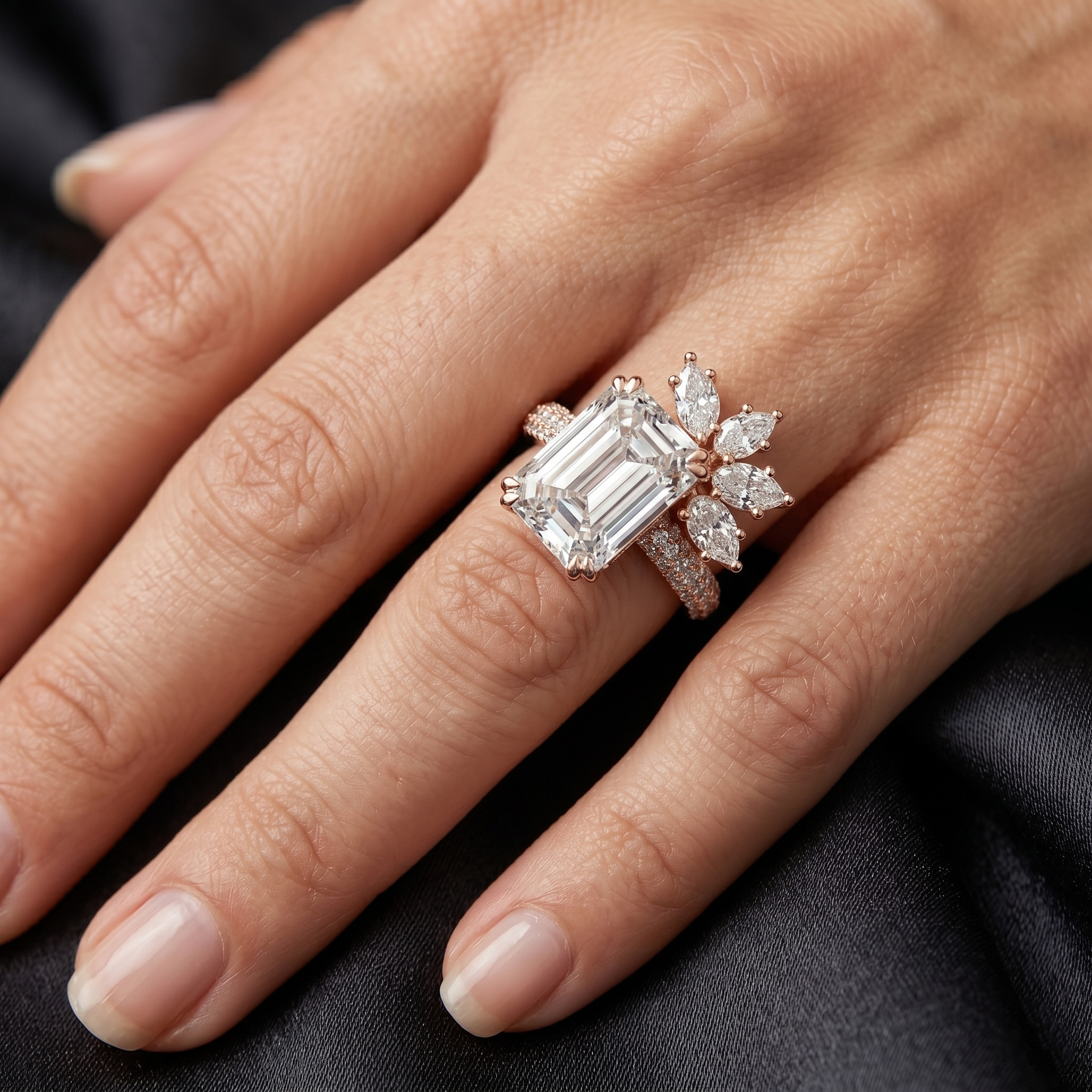 Emerald Cut Moissanite Ring in 925 Sterling Silver, Statement Marquise Cluster Unique Floral Crown Pave Band Wedding Ring Gifts for Her