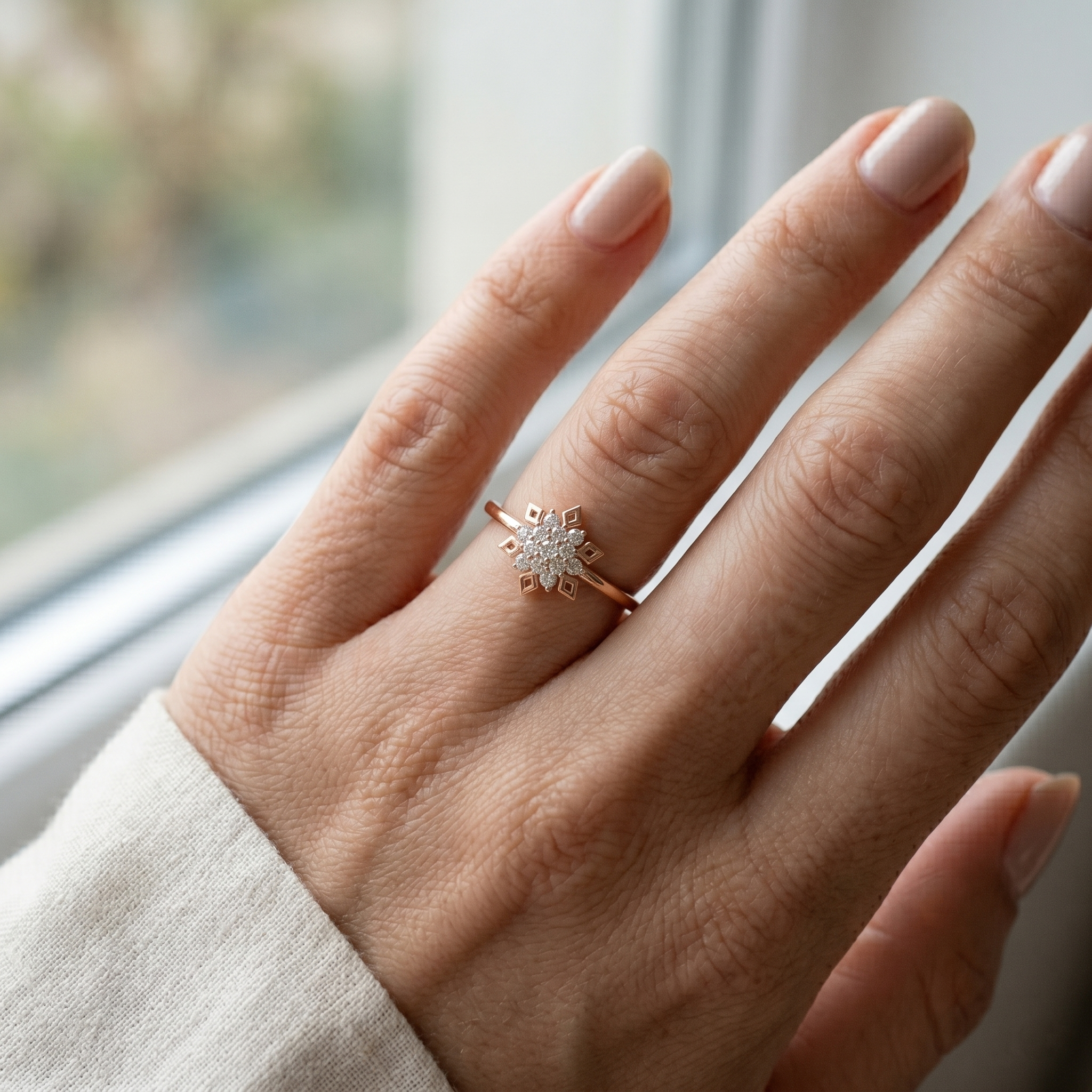 Vintage Moissanite Snowflake Ring, 14k Rose Gold Floral Starburst Engagement Wedding Band