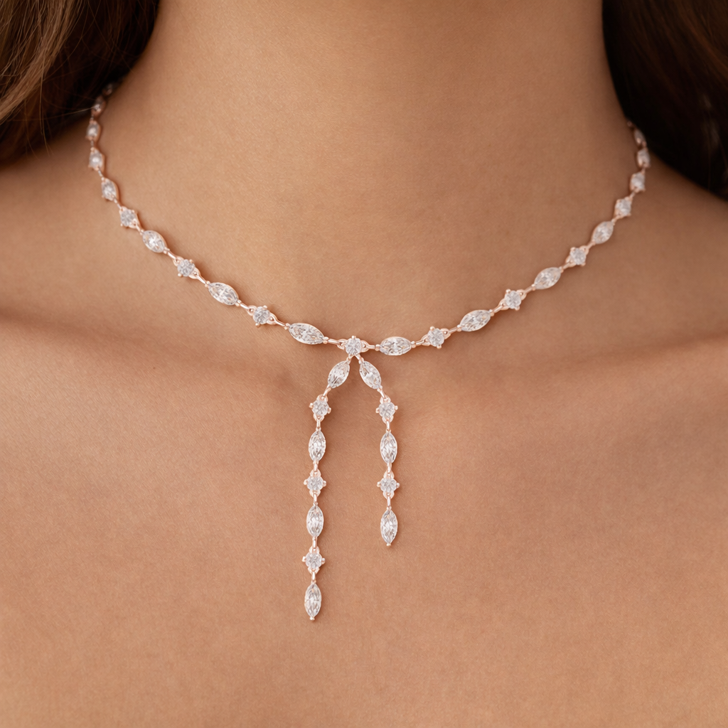 Marquise Moissanite Lariat Necklace, Sterling Silver Bridal Drop Choker