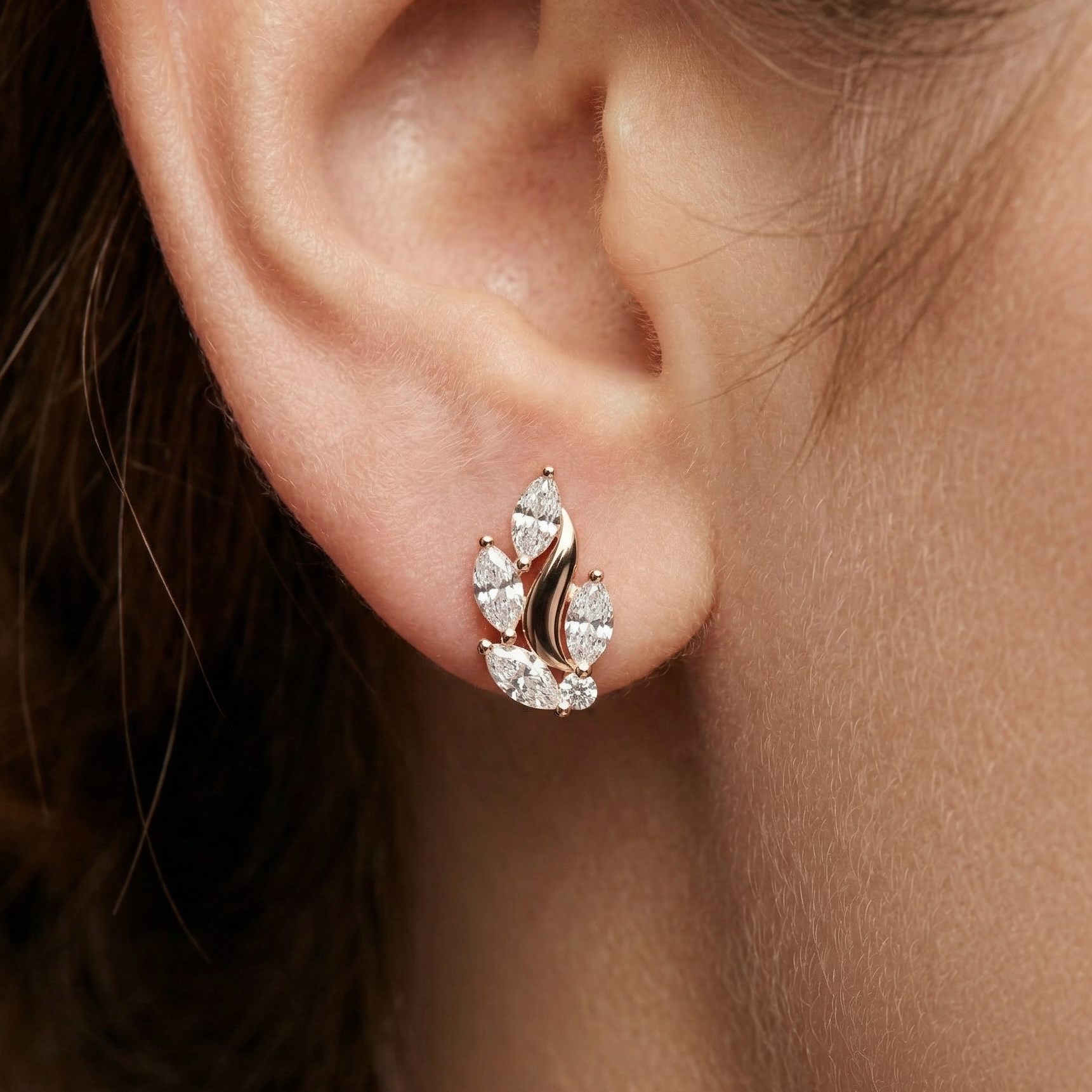 Curved Moissanite Vine Crawler Earrings, 925 Sterling Silver Leaf Studs