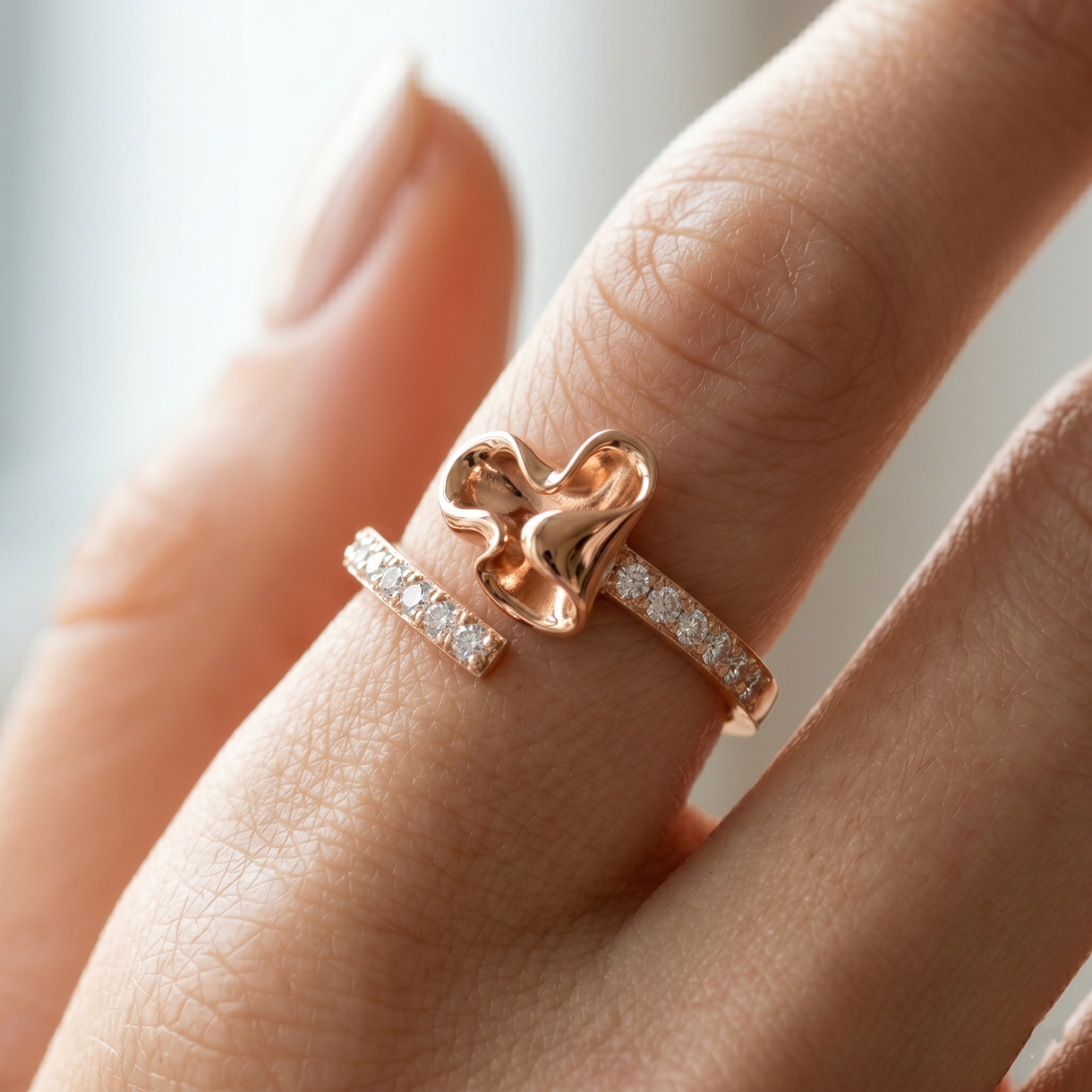 14K Solid Gold Moissanite Bypass Ring, Fluid Flower Organic Leaf Design