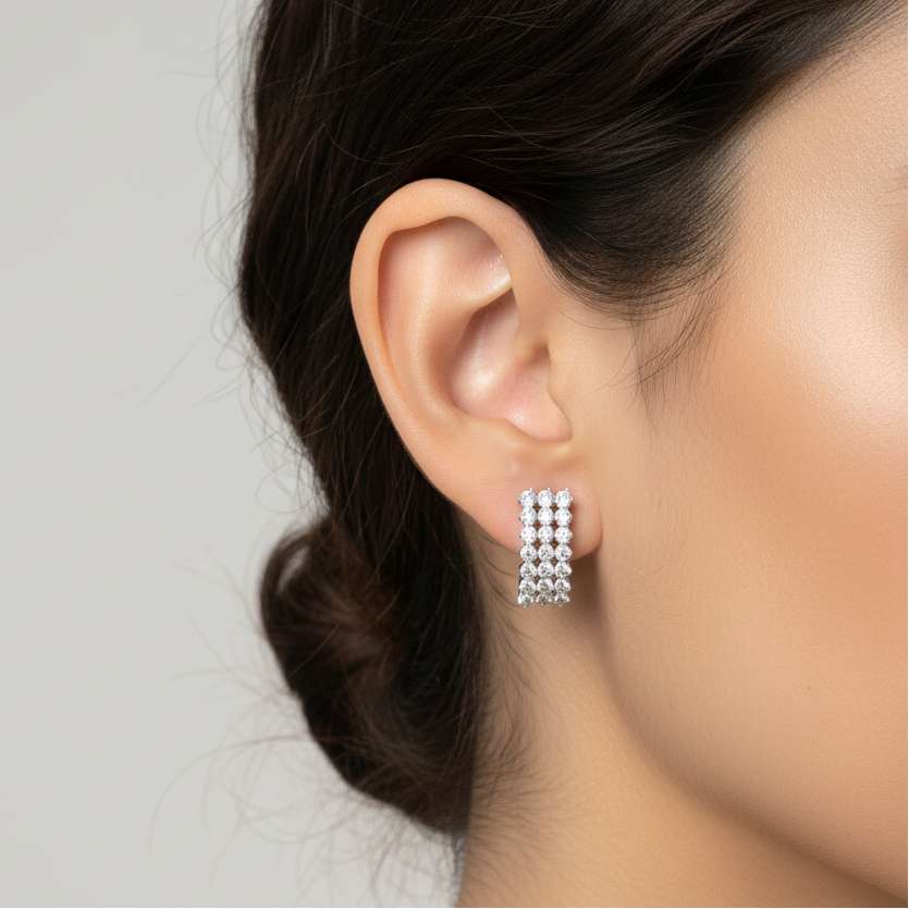 Moissanite Half Hoop Earrings, Sterling Silver Pave Set