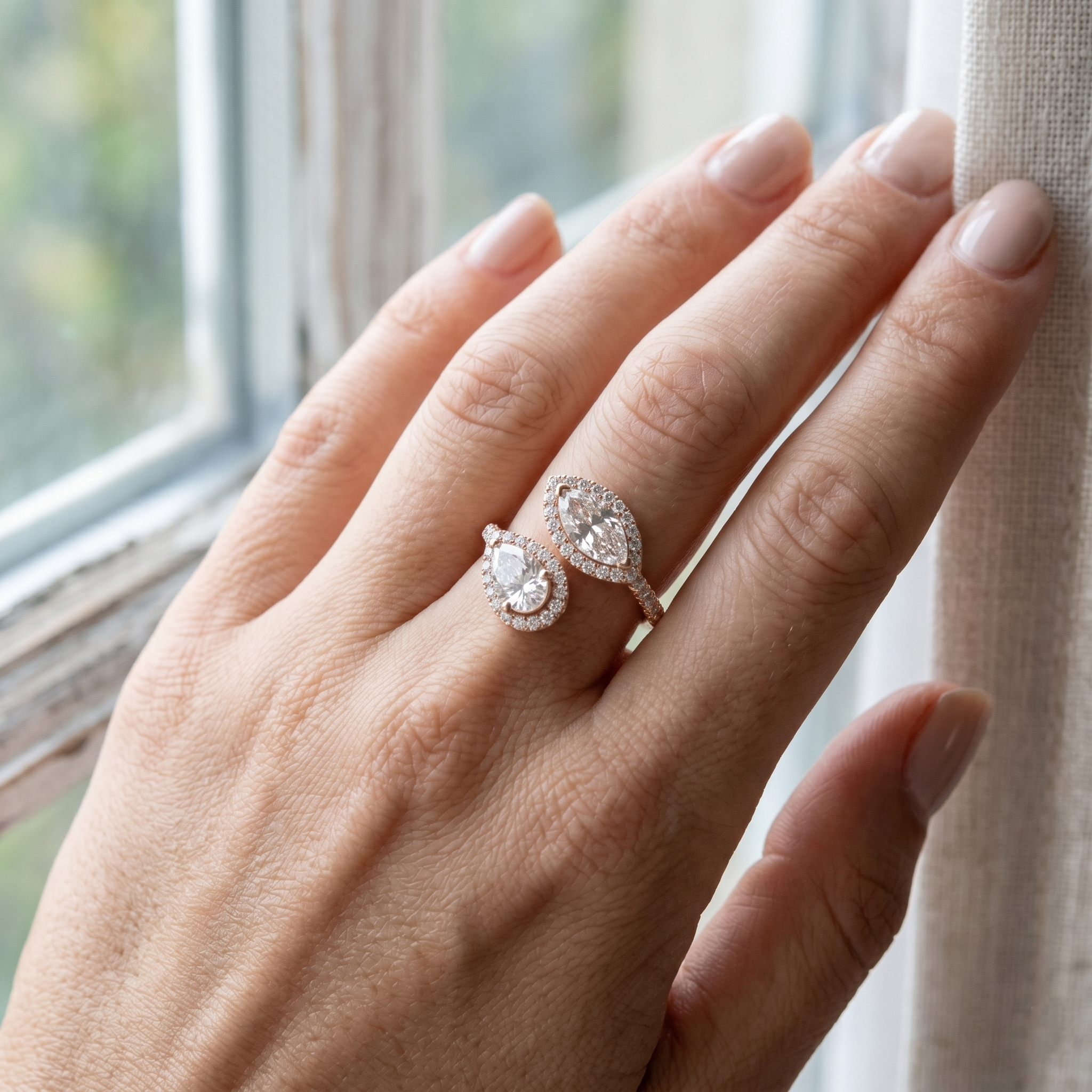 Toi et Moi Pear Marquise Moissanite Ring, Open Bypass Sterling Silver Double Halo Bridal