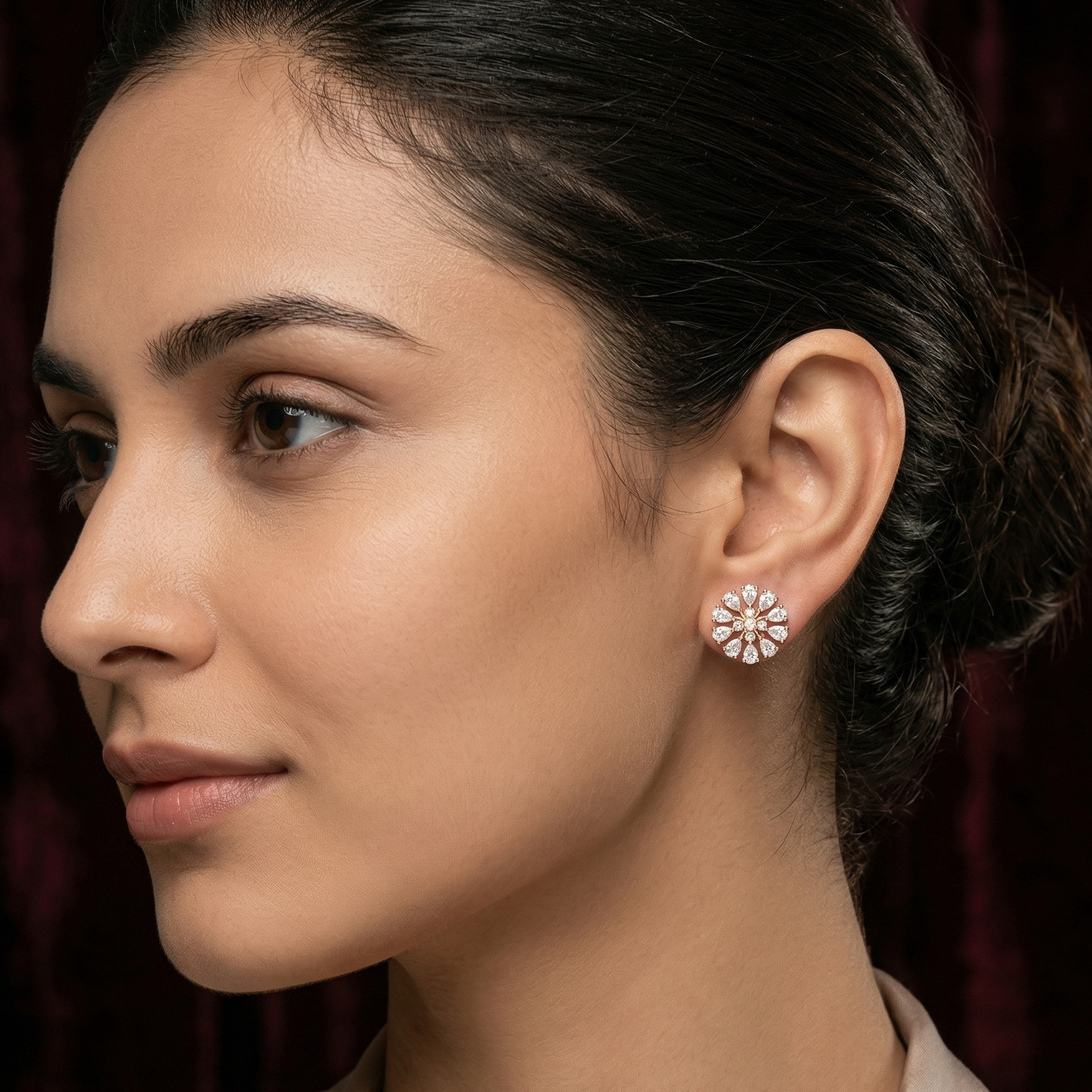 Flower Moissanite Stud Earrings, 925 Sterling Silver, Art Deco Bridal Statement